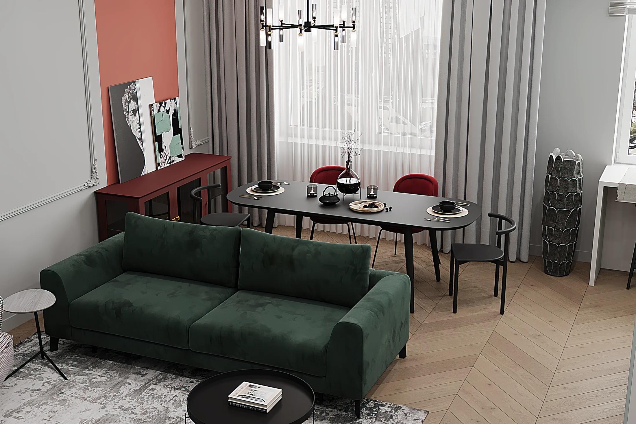 Heart of the Capital apartment, wide perspective from living room to dining zone, ЖК «Сердце столицы», Москва, Россия