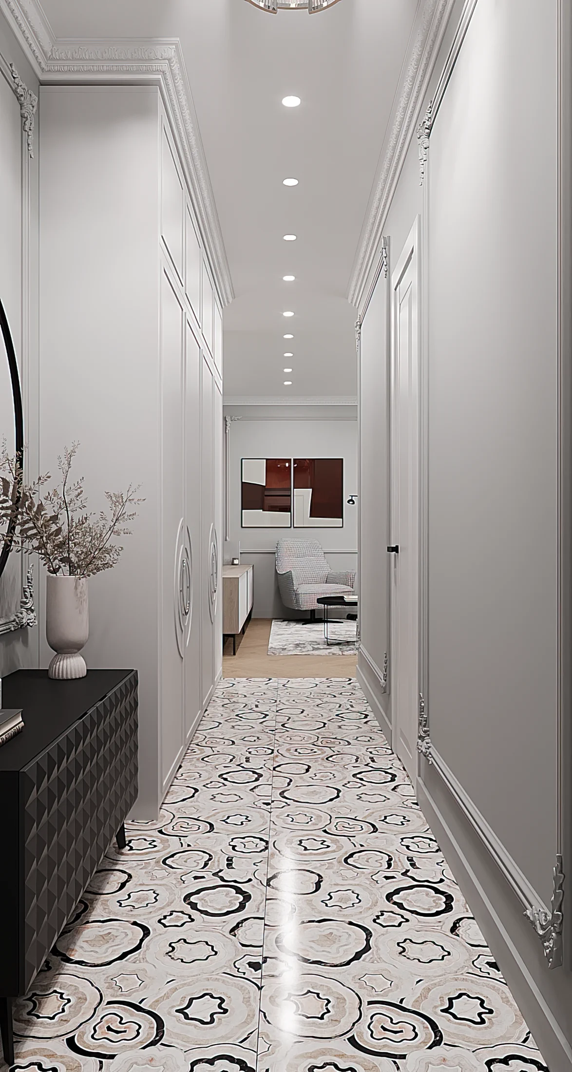 Heart of the Capital apartment, entrance corridor with layered moldings and artwork, ЖК «Сердце столицы», Москва, Россия