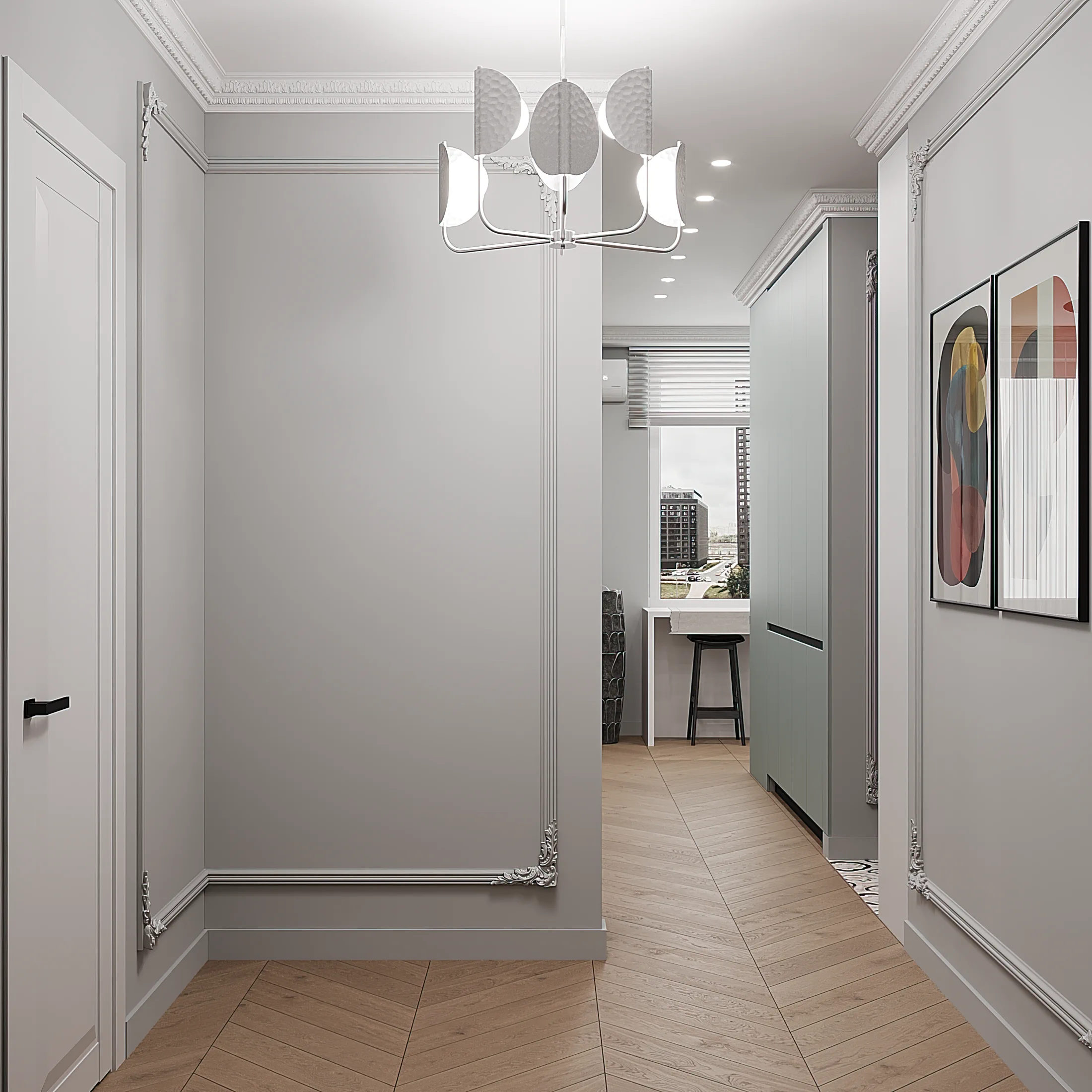 Heart of the Capital apartment, corridor rhythm with paneled doors and calm palette, ЖК «Сердце столицы», Москва, Россия