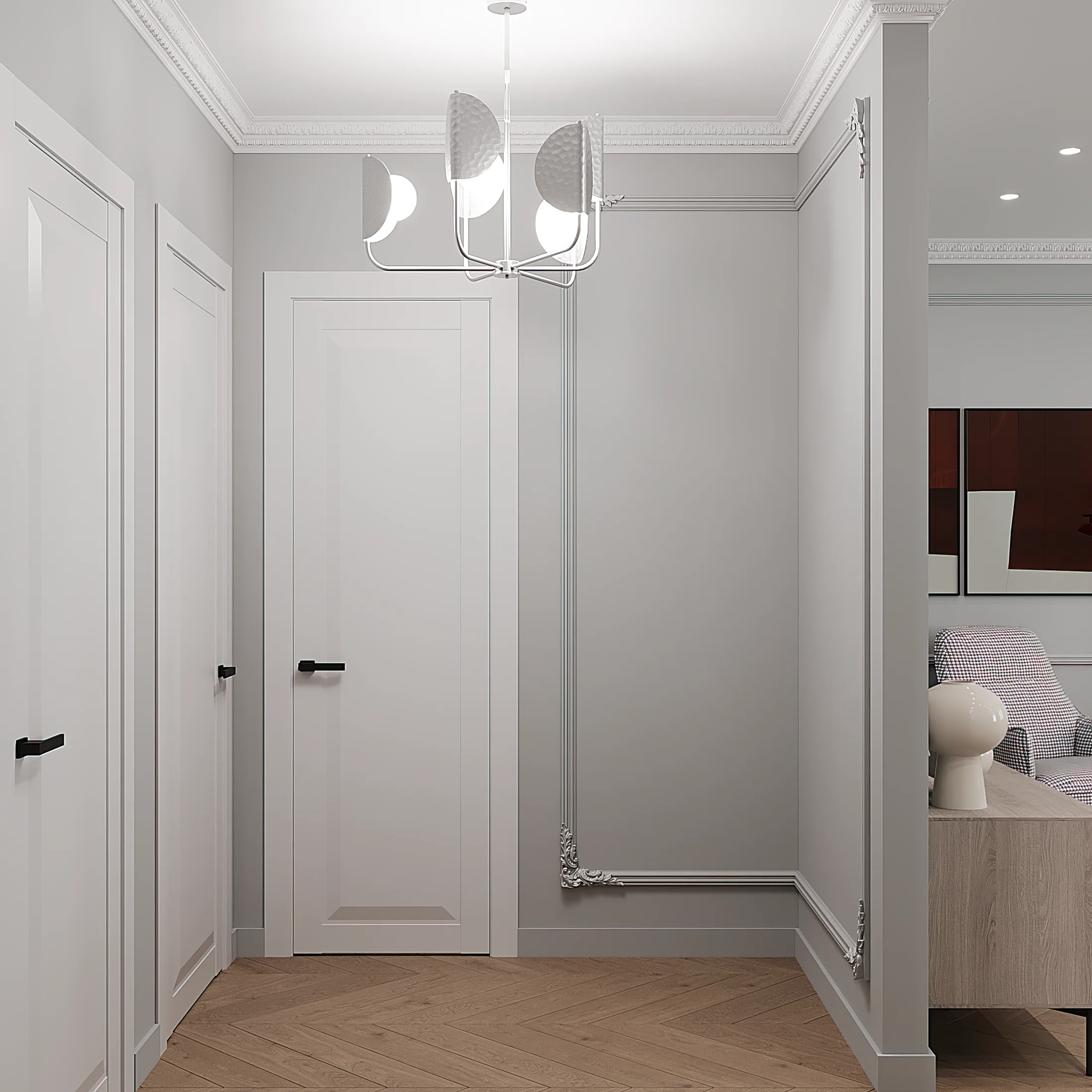 Heart of the Capital apartment, corridor view toward bedroom with white paneling, ЖК «Сердце столицы», Москва, Россия