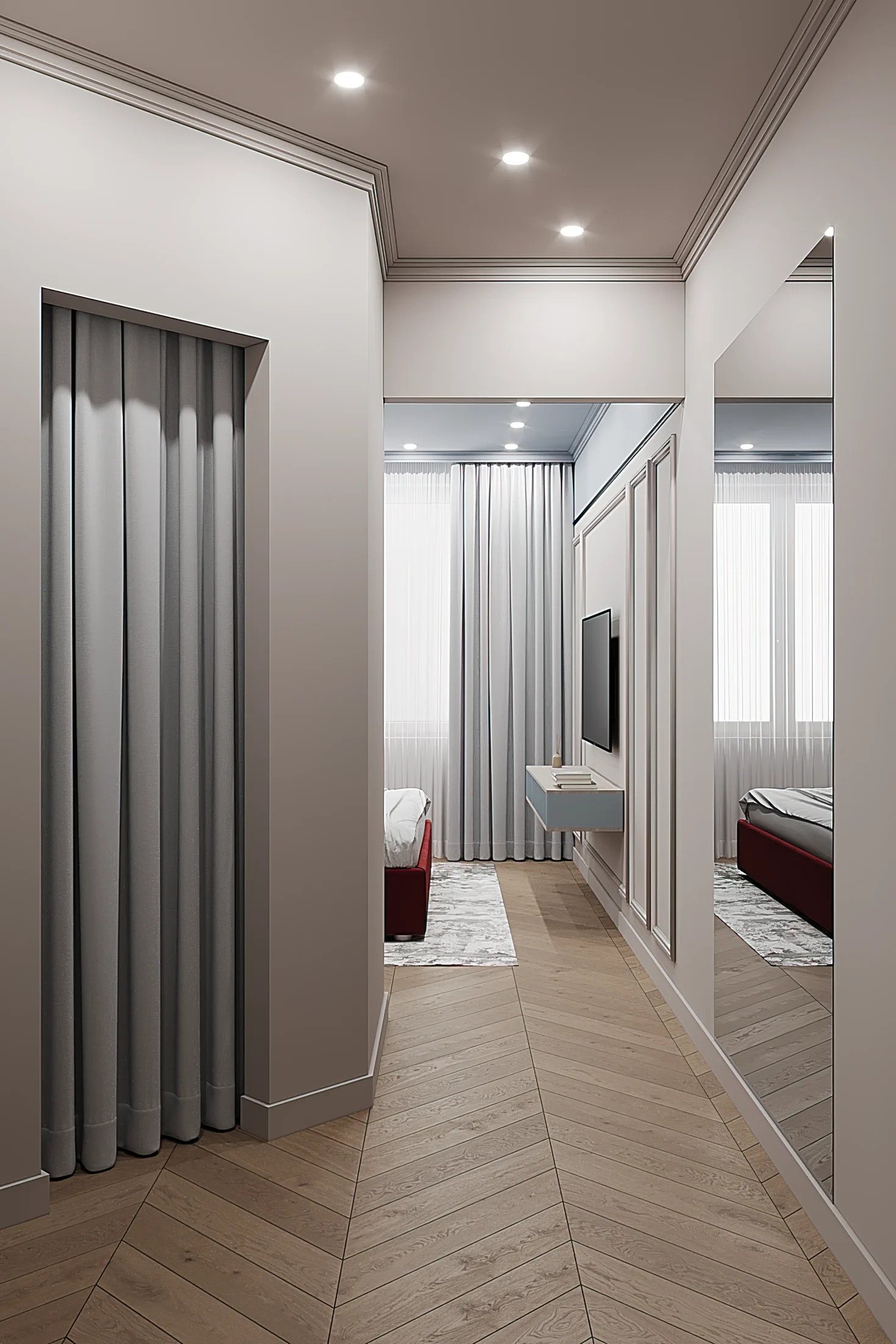 Heart of the Capital apartment, passage to bedroom with mirror and round wall accent, ЖК «Сердце столицы», Москва, Россия