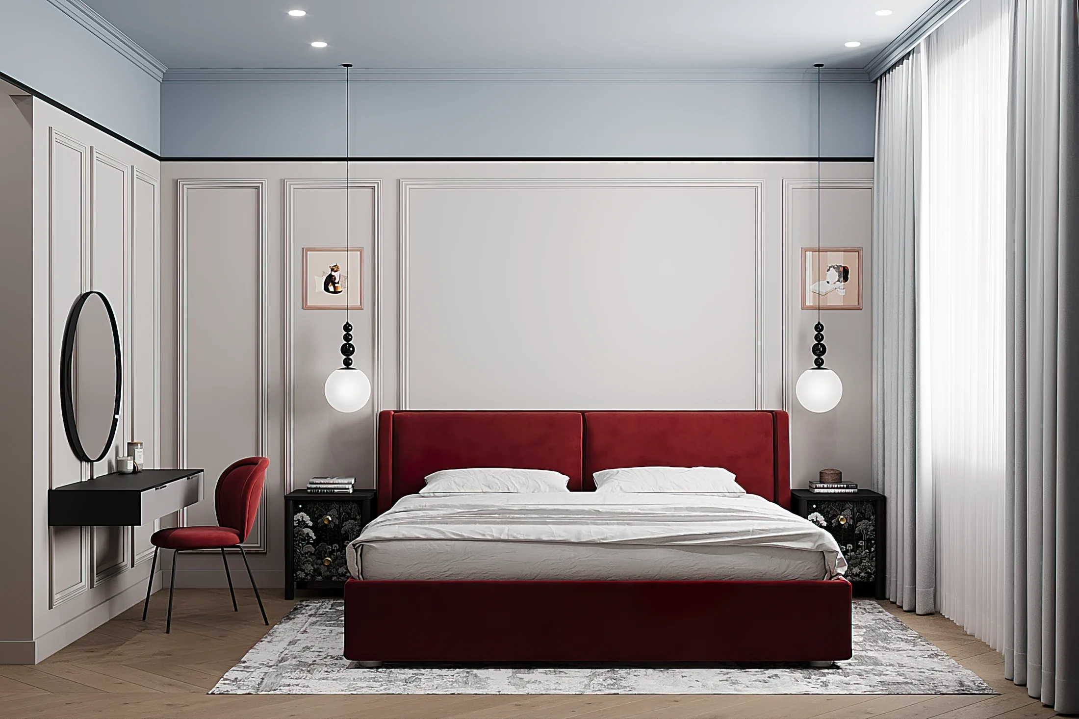 Heart of the Capital apartment, master bedroom front view with deep red upholstered bed, ЖК «Сердце столицы», Москва, Россия