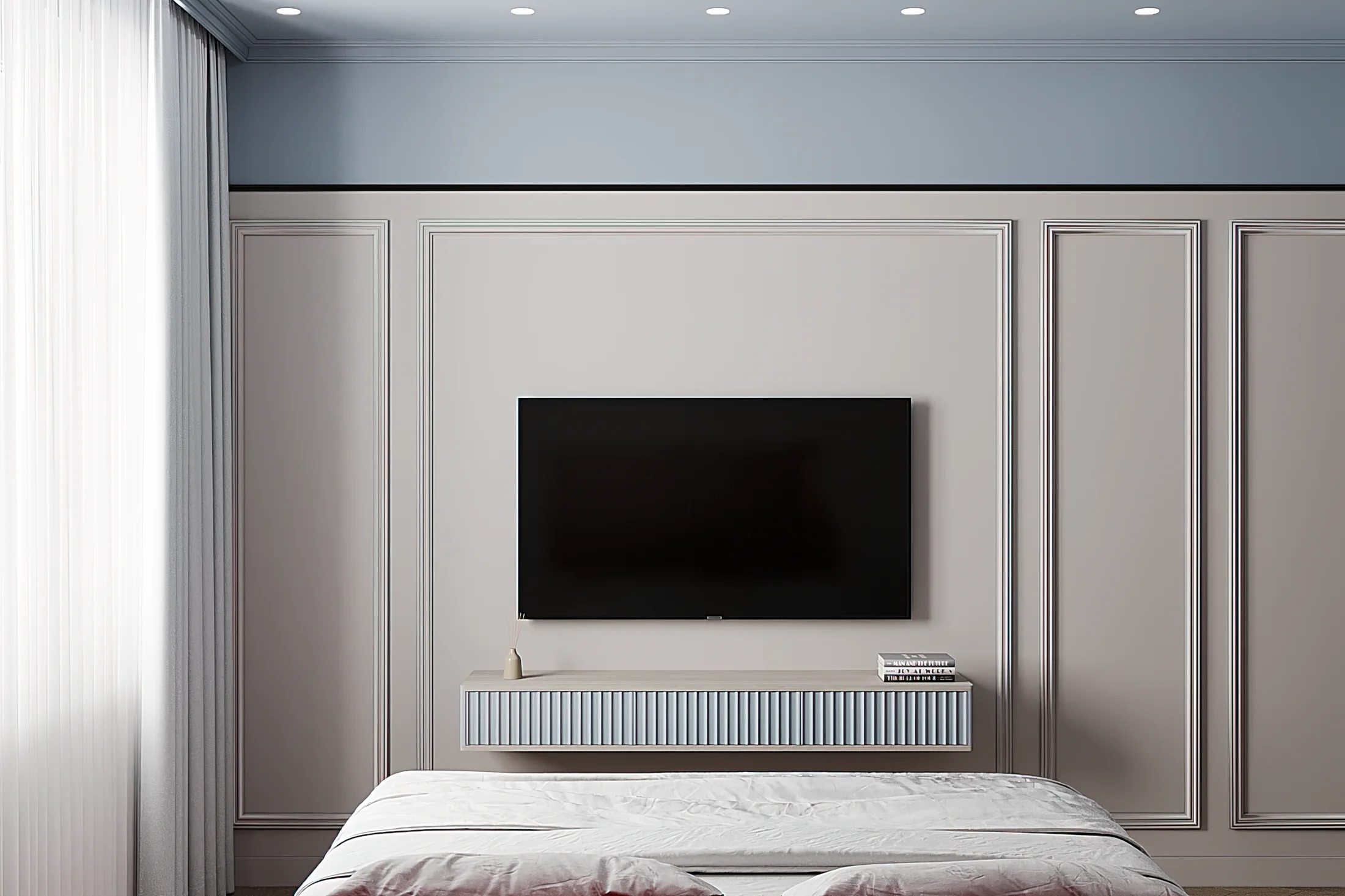 Heart of the Capital apartment, bedroom TV wall with classic molding details, ЖК «Сердце столицы», Москва, Россия