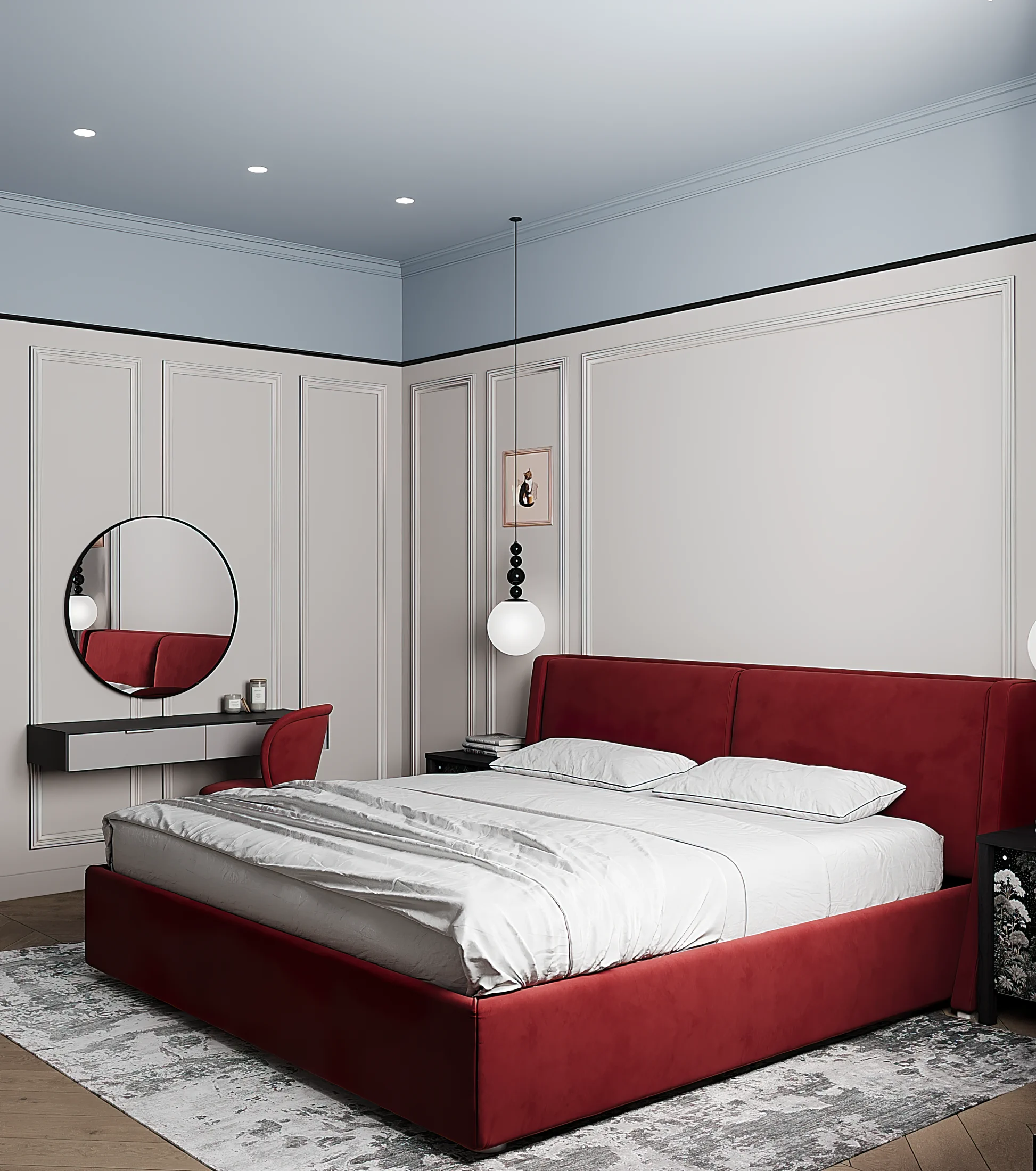 Heart of the Capital apartment, bedroom vanity nook with round mirror and red accents, ЖК «Сердце столицы», Москва, Россия