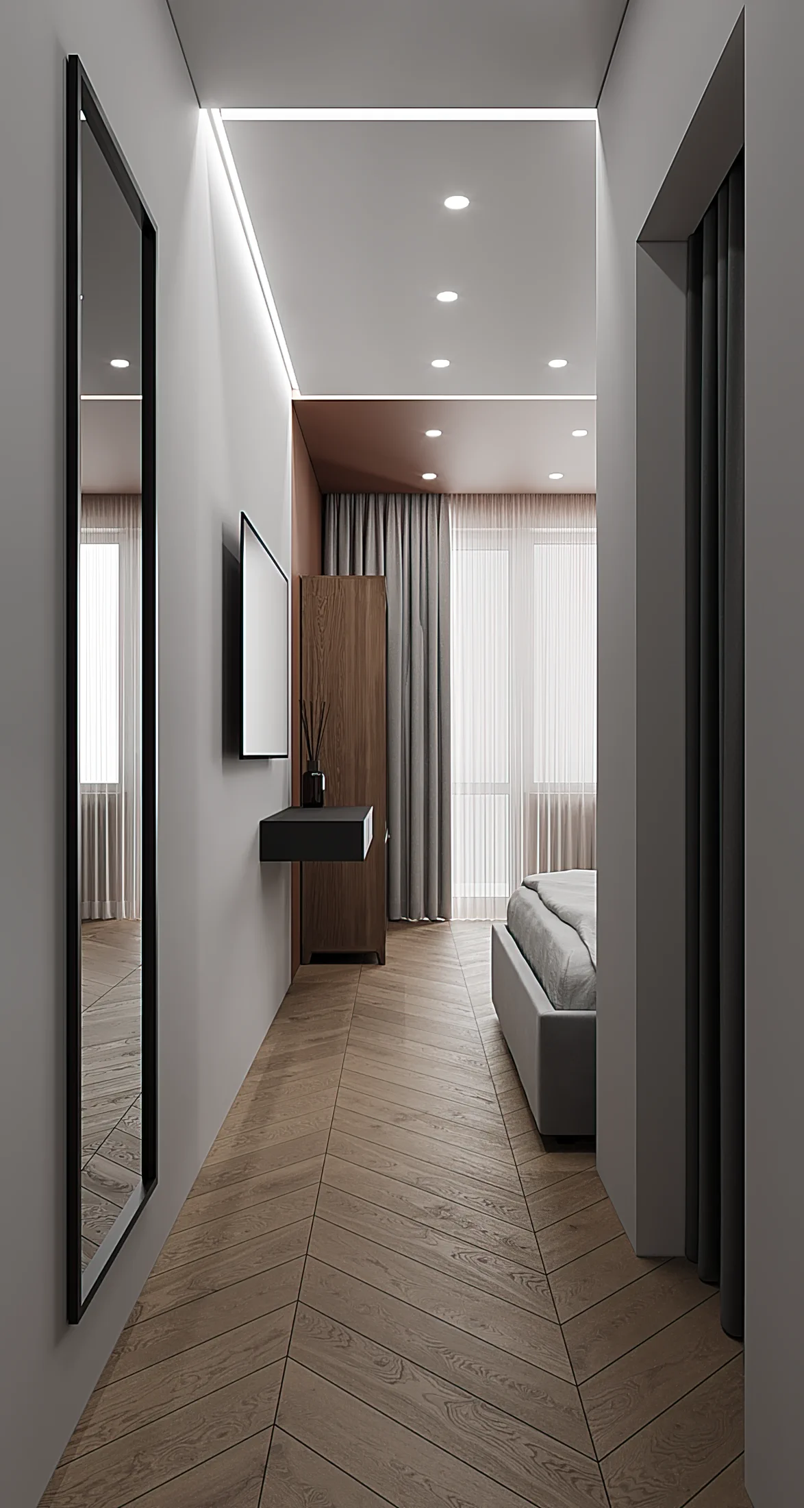 Heart of the Capital apartment, bedroom side view with wardrobe and drapery, ЖК «Сердце столицы», Москва, Россия