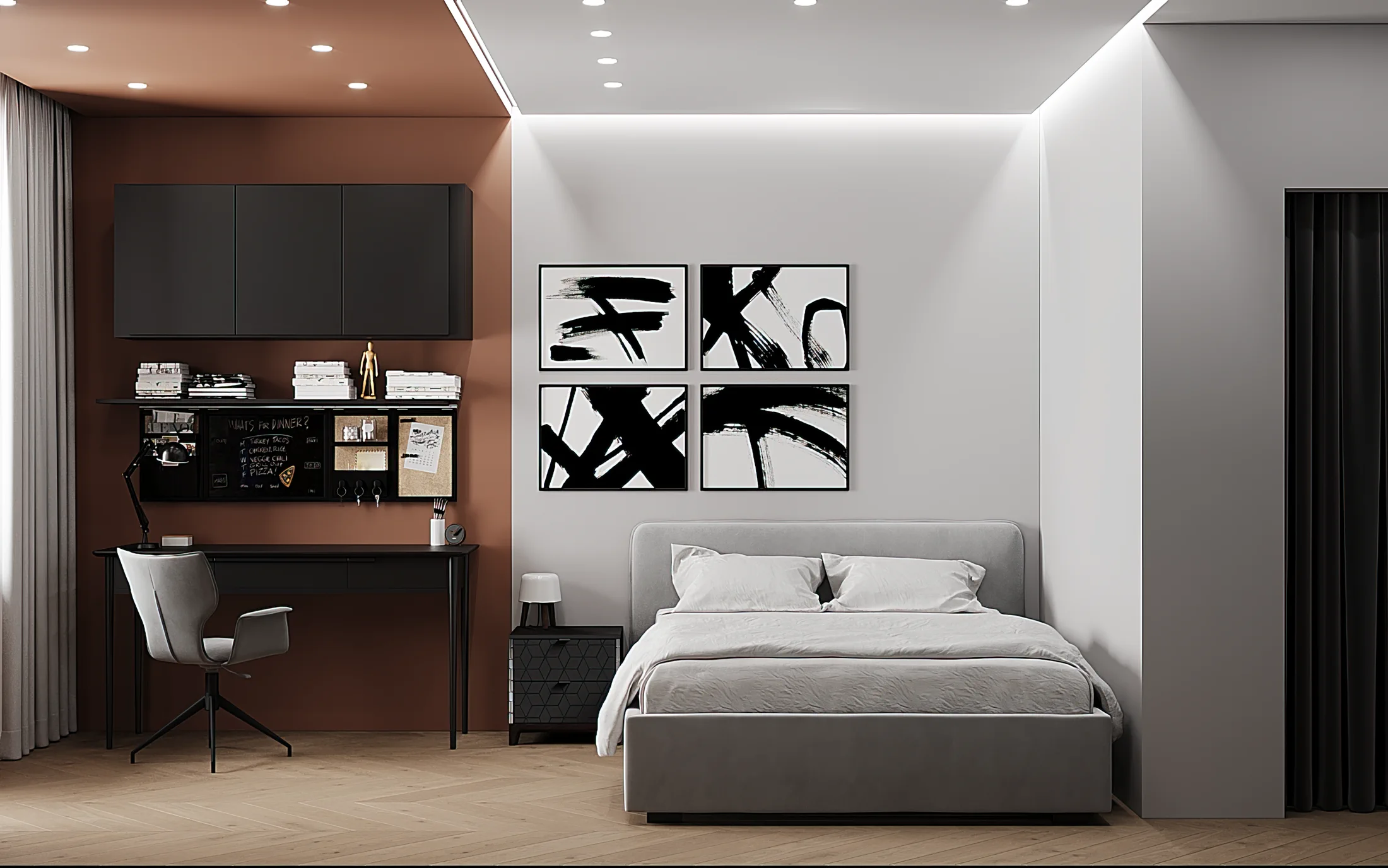 Heart of the Capital apartment, second bedroom with monochrome graphic art and soft lighting, ЖК «Сердце столицы», Москва, Россия