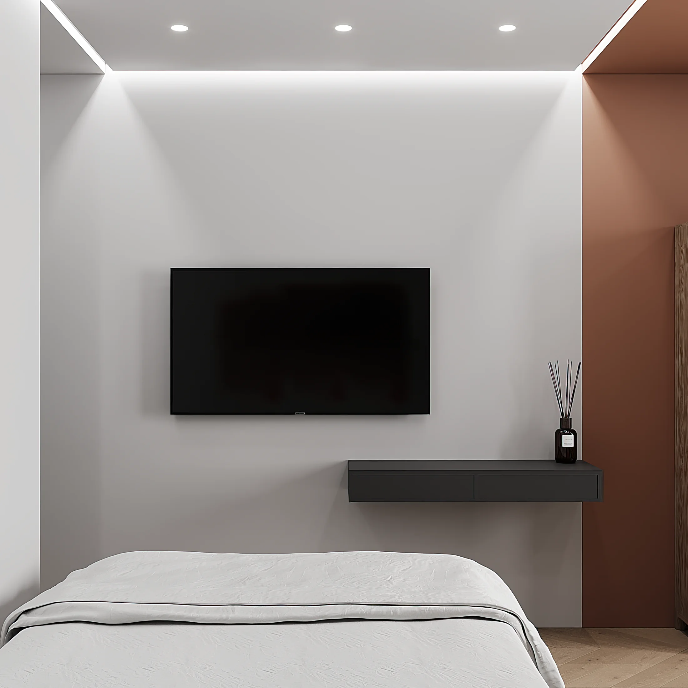 Heart of the Capital apartment, second bedroom TV wall with warm wood paneling, ЖК «Сердце столицы», Москва, Россия