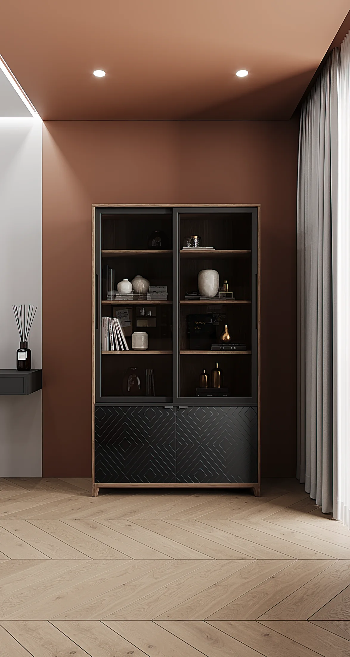 Heart of the Capital apartment, second bedroom shelving niche with decor styling, ЖК «Сердце столицы», Москва, Россия