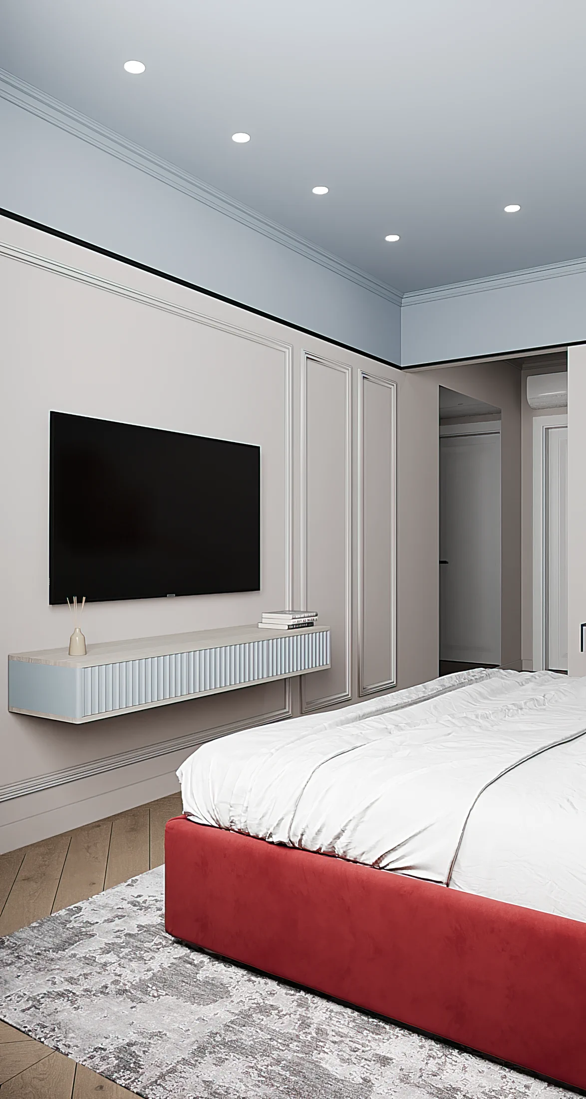 Heart of the Capital apartment, bedroom lounge composition with wall-mounted TV, ЖК «Сердце столицы», Москва, Россия