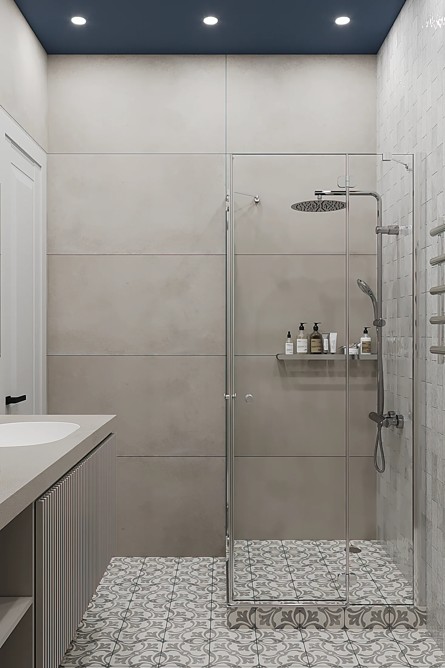 Heart of the Capital apartment, bathroom shower detail with rain head and niche shelf, ЖК «Сердце столицы», Москва, Россия