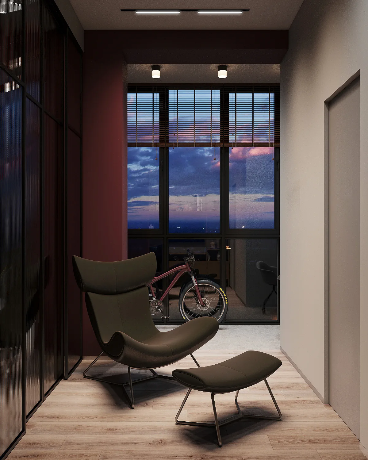 Life Botanical Garden apartment, bedroom corner with lounge chair by panoramic evening window, مجمع Life Botanical Garden، موسكو، روسيا