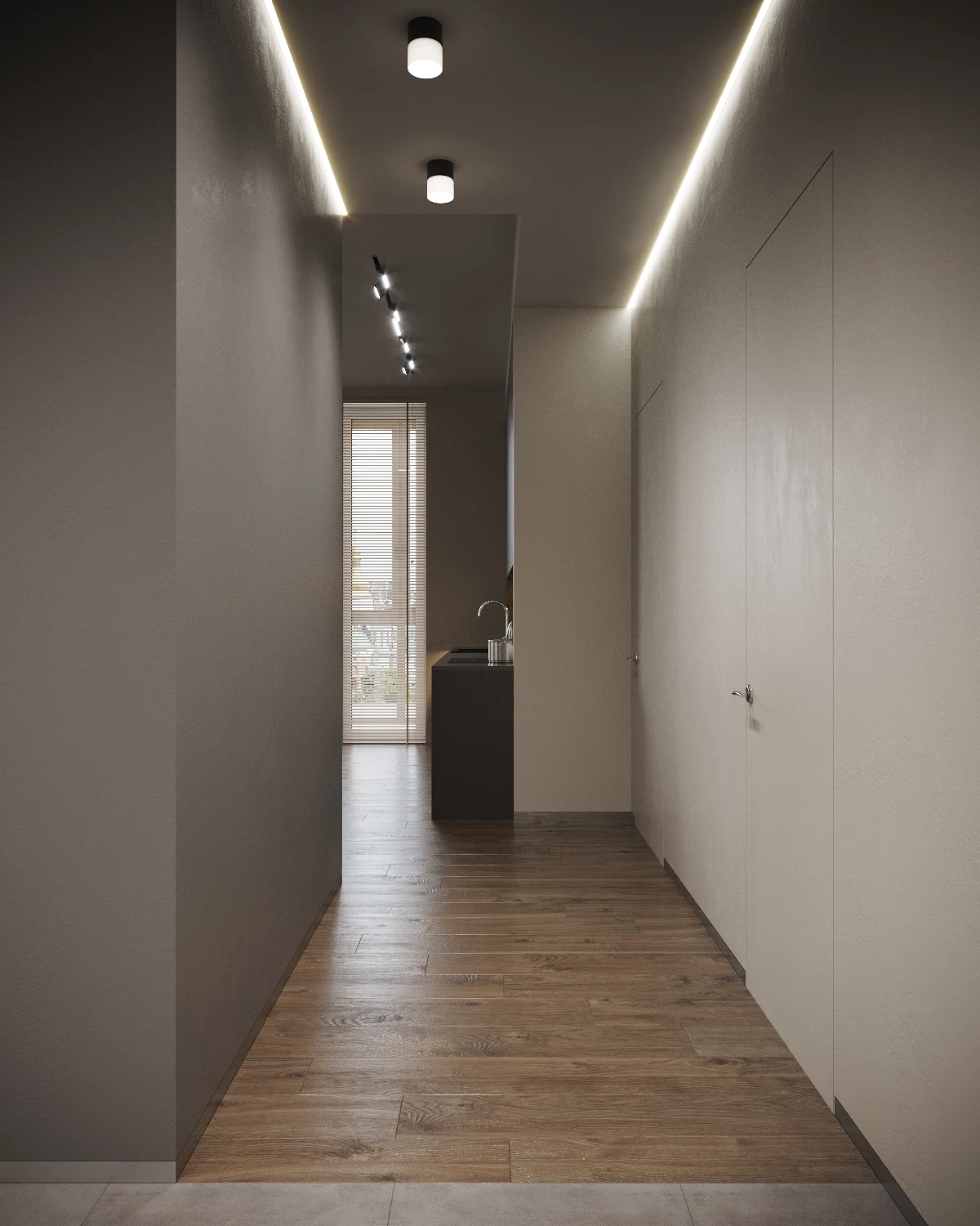 Life Botanical Garden apartment, hallway with mirror-front wardrobes and minimalist doors, مجمع Life Botanical Garden، موسكو، روسيا