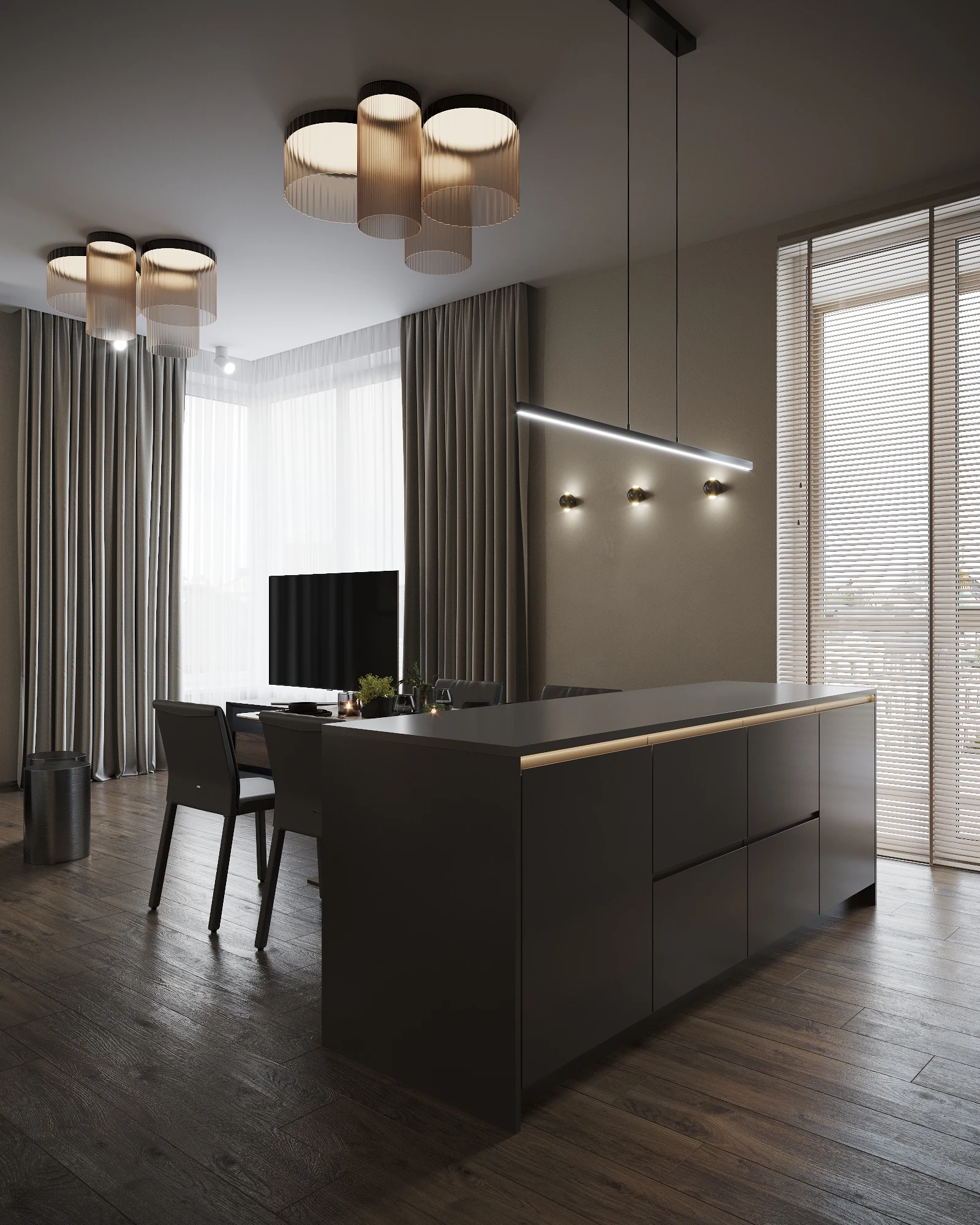 Life Botanical Garden apartment, transition from corridor to open-plan kitchen-living area, مجمع Life Botanical Garden، موسكو، روسيا