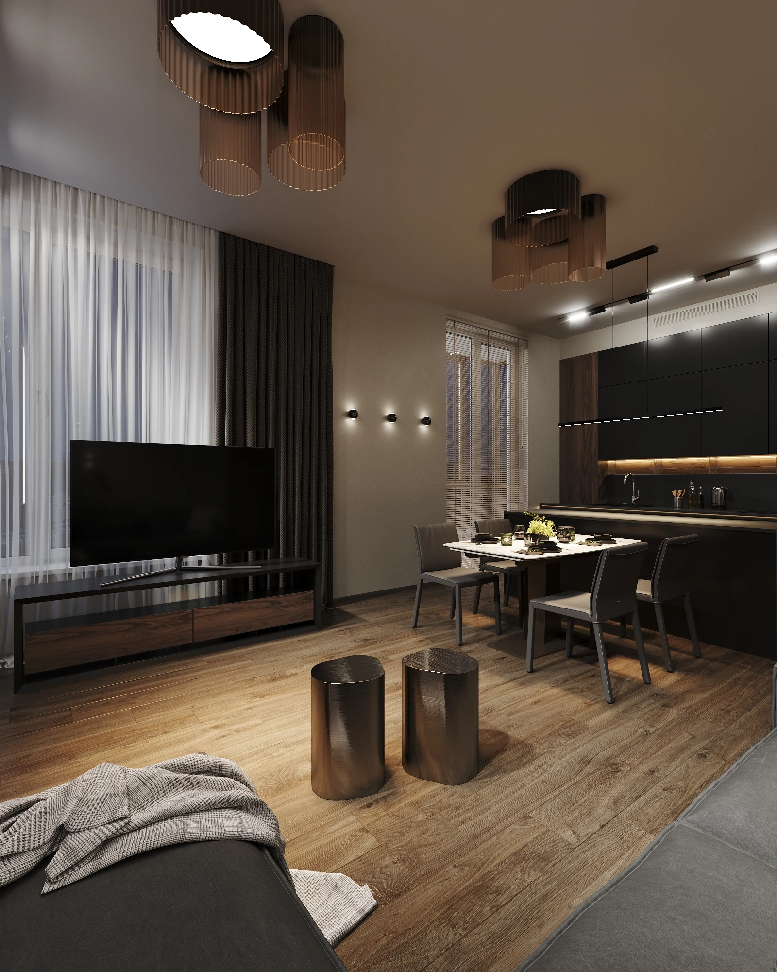 Life Botanical Garden apartment, living room TV wall with dining zone in dark tones, مجمع Life Botanical Garden، موسكو، روسيا