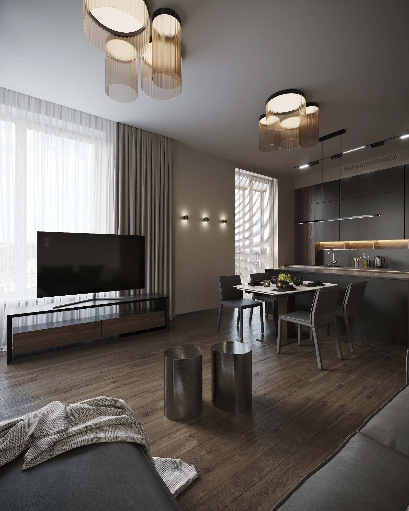 Life Botanical Garden apartment, open-plan kitchen and lounge composition, مجمع Life Botanical Garden، موسكو، روسيا