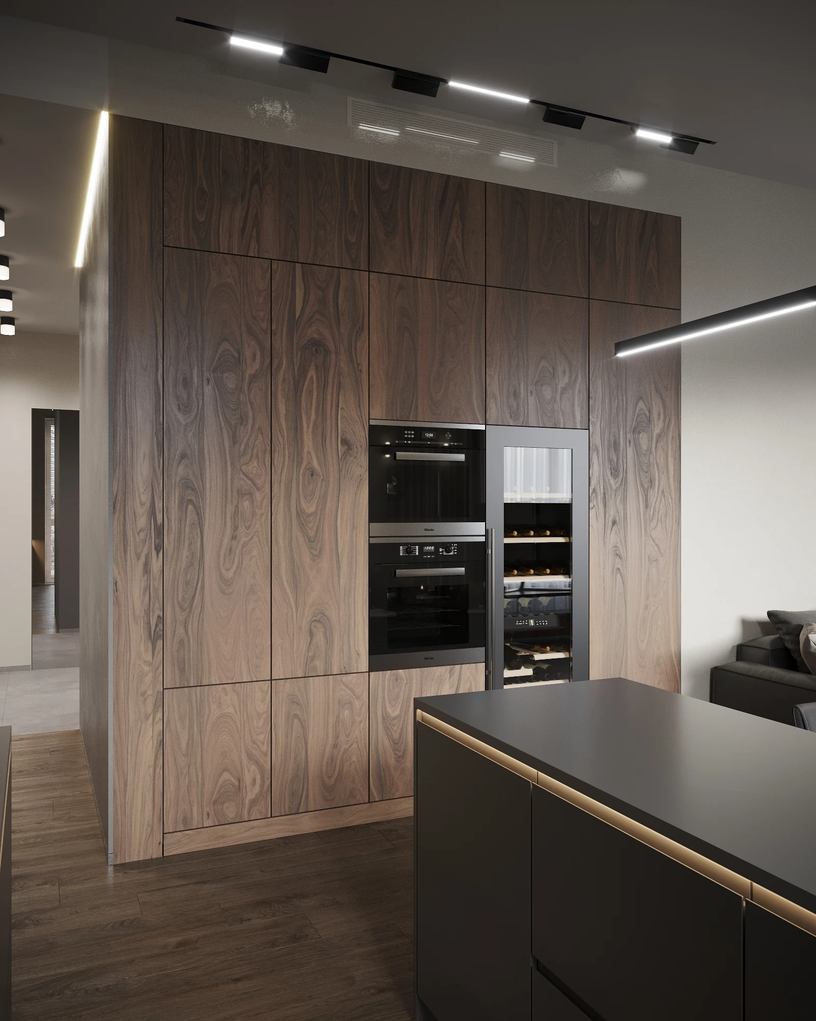 Life Botanical Garden apartment, kitchen with tall wood cabinetry and built-in appliances, مجمع Life Botanical Garden، موسكو، روسيا