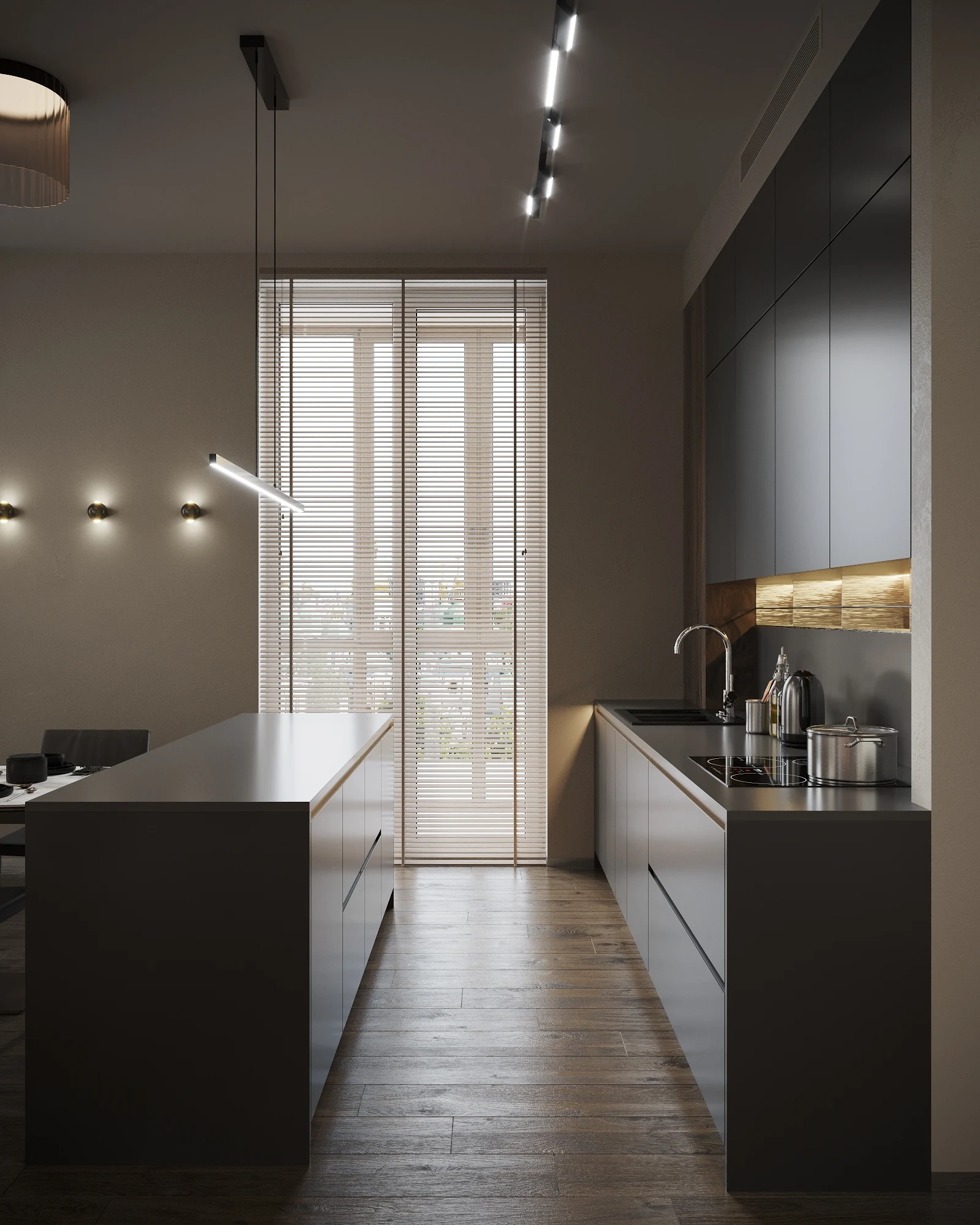 Life Botanical Garden apartment, kitchen island and cabinetry close-up, مجمع Life Botanical Garden، موسكو، روسيا