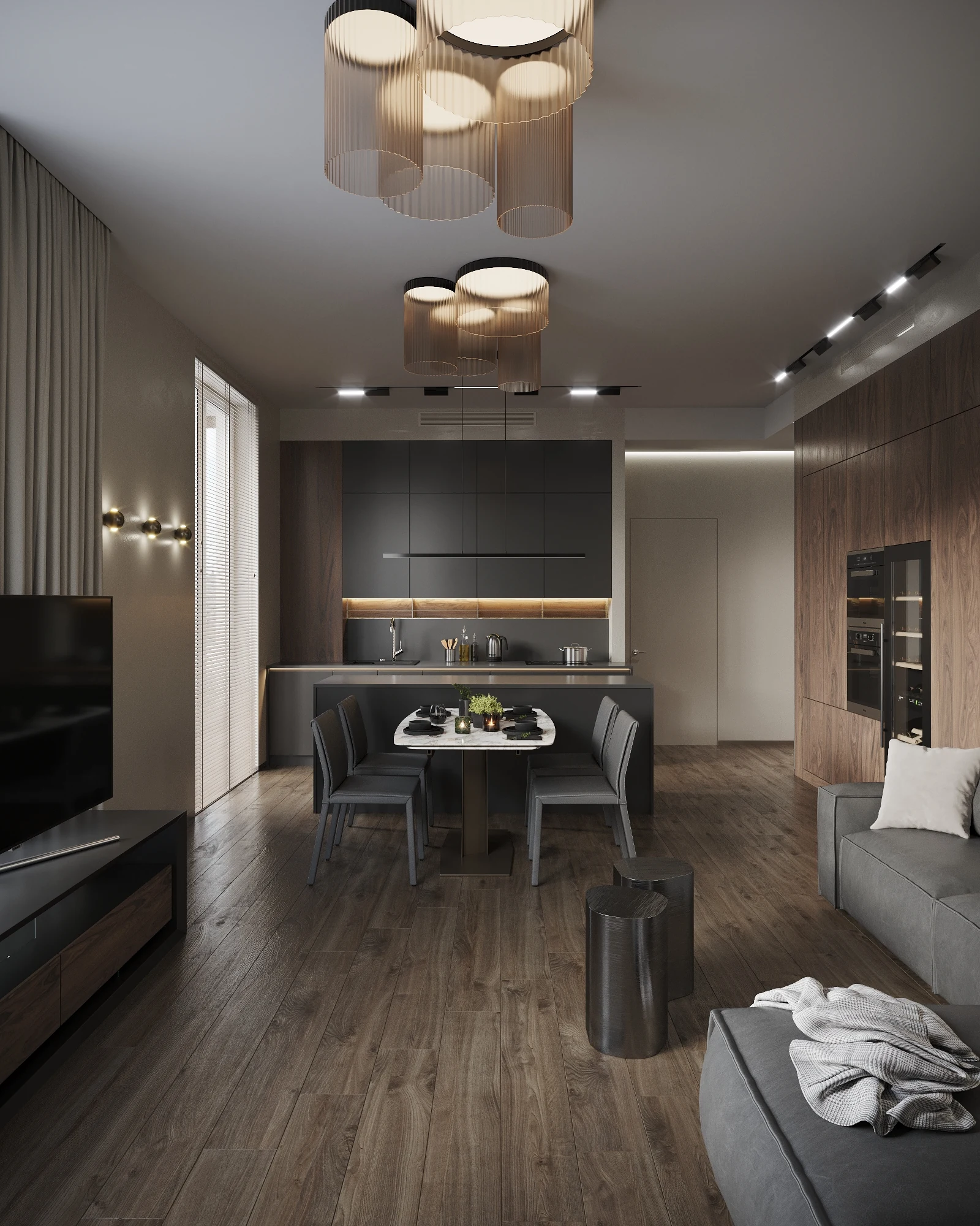 Life Botanical Garden apartment, kitchen worktop by the window with linear lighting, مجمع Life Botanical Garden، موسكو، روسيا