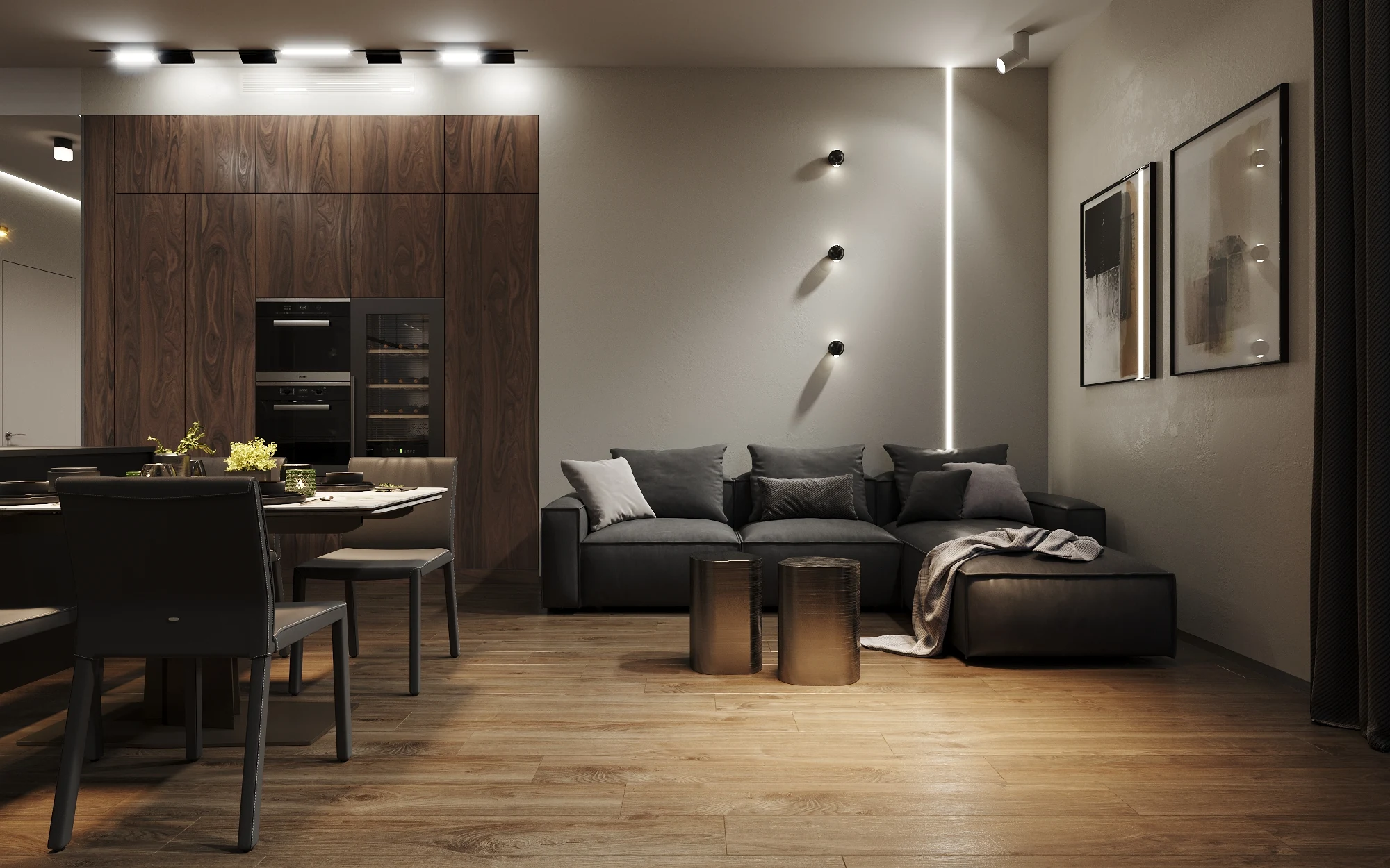 Life Botanical Garden apartment, wide perspective of kitchen-living area with dining table, مجمع Life Botanical Garden، موسكو، روسيا