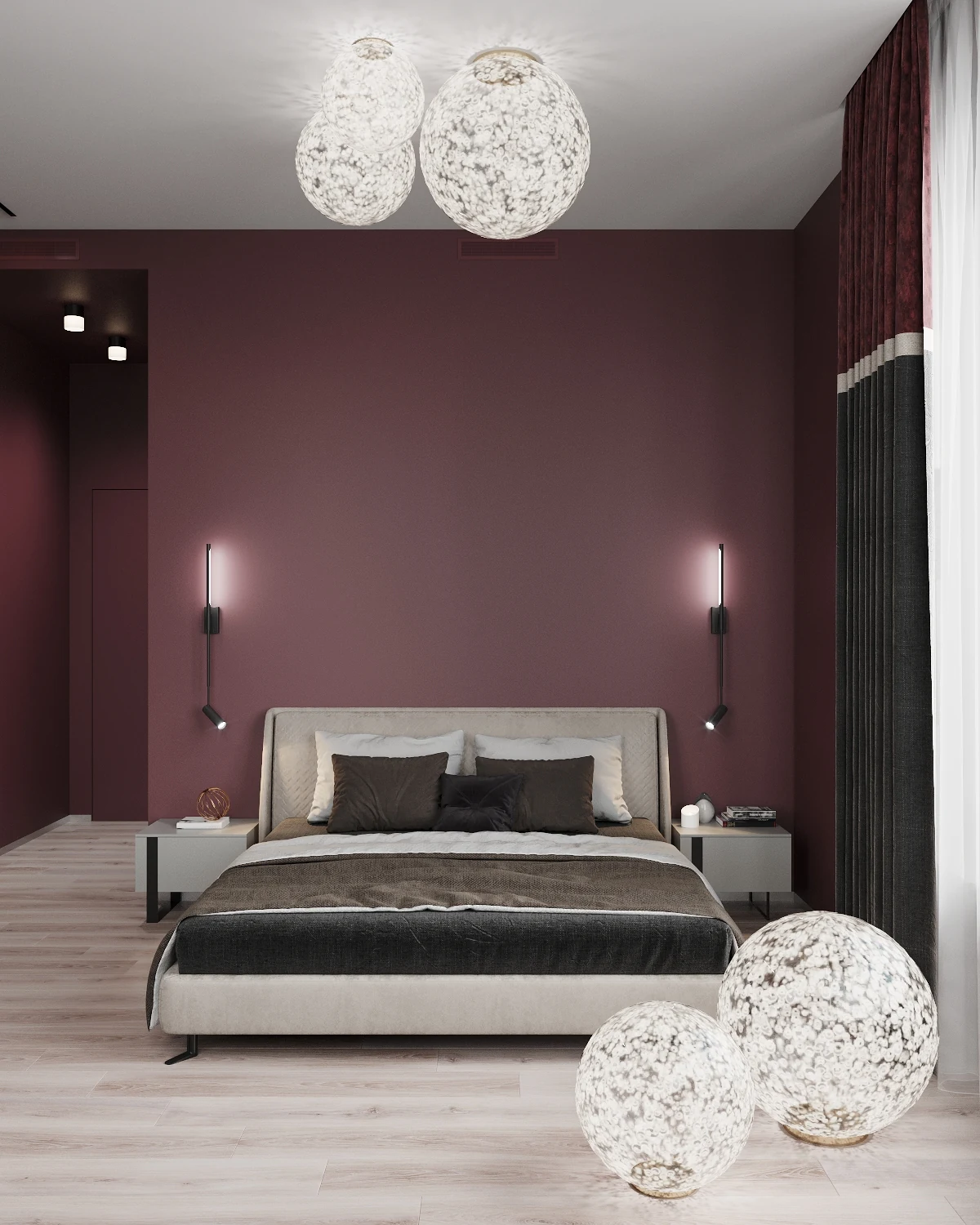 Life Botanical Garden apartment, master bedroom frontal view with plum accent wall, مجمع Life Botanical Garden، موسكو، روسيا