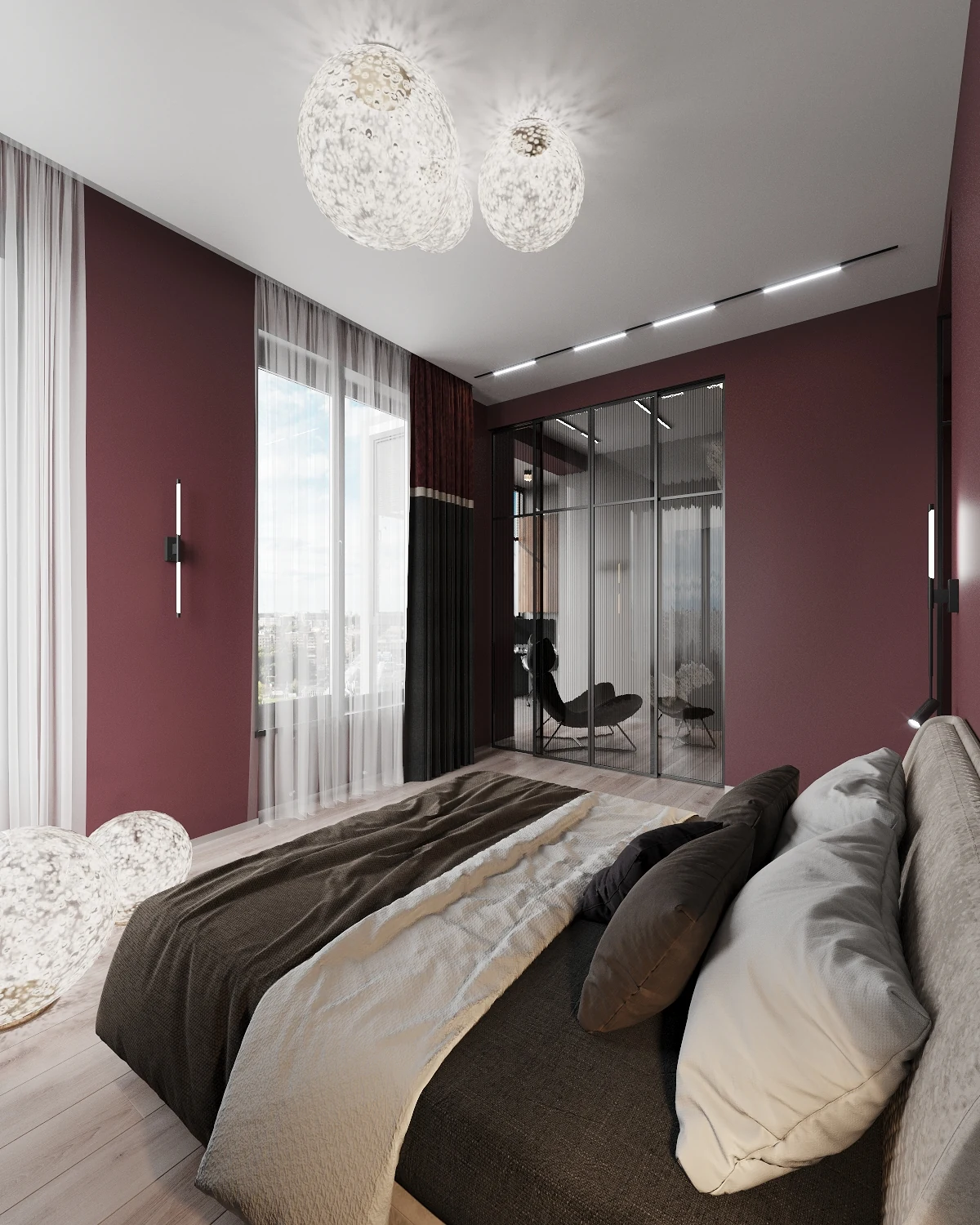 Life Botanical Garden apartment, master bedroom with bed and full-height window curtains, مجمع Life Botanical Garden، موسكو، روسيا