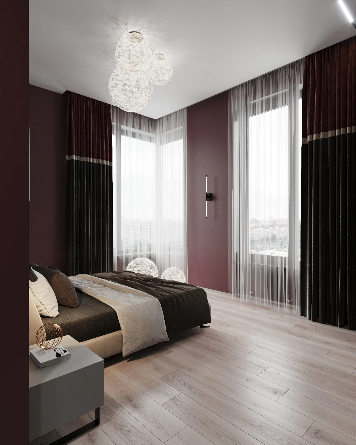 Life Botanical Garden apartment, master bedroom with glass wardrobe and accent wall, مجمع Life Botanical Garden، موسكو، روسيا