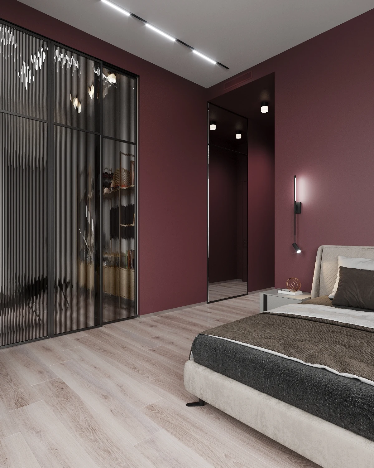 Life Botanical Garden apartment, master bedroom corner with wardrobe composition, مجمع Life Botanical Garden، موسكو، روسيا