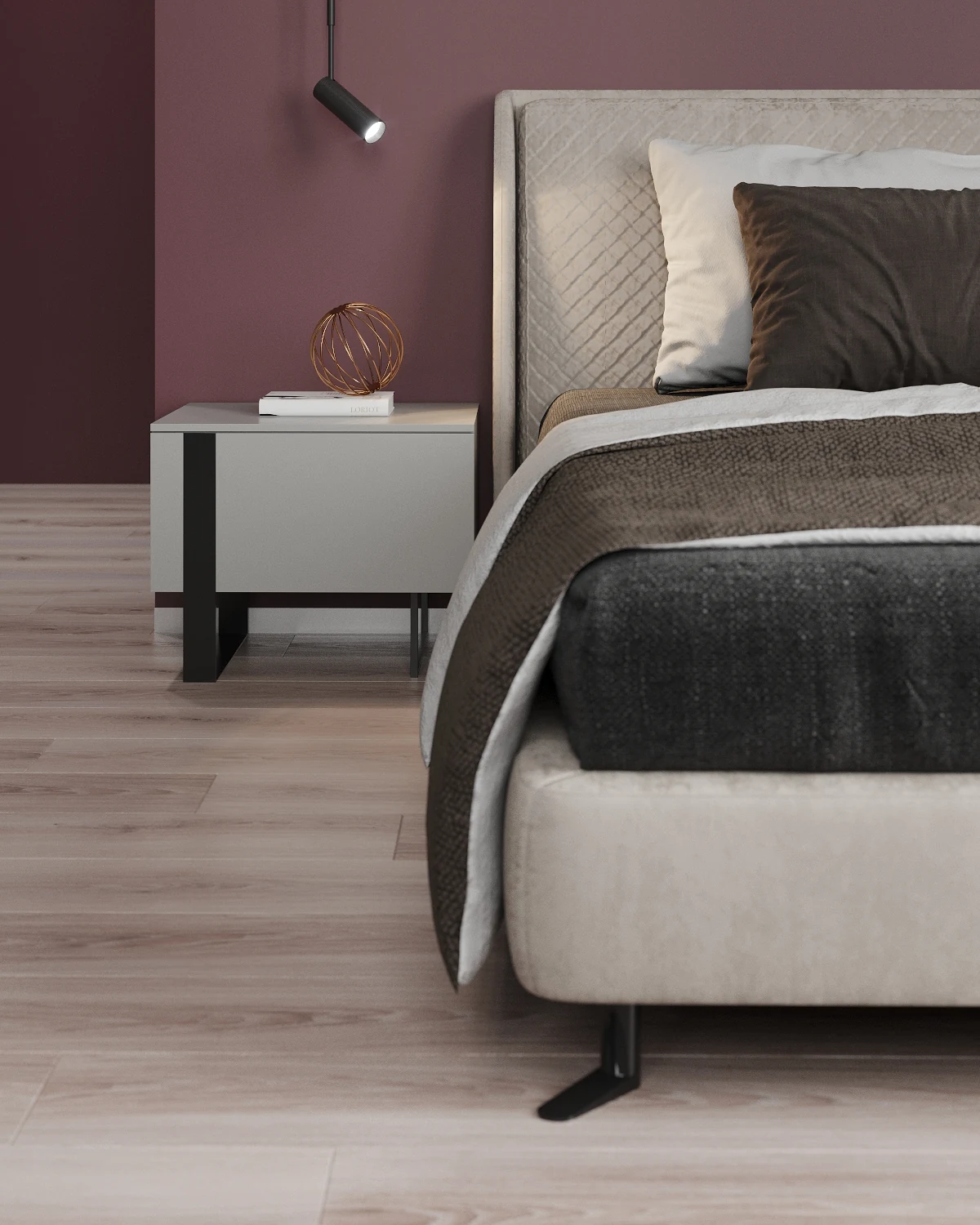 Life Botanical Garden apartment, master bedroom bedside detail with textiles and decor, مجمع Life Botanical Garden، موسكو، روسيا