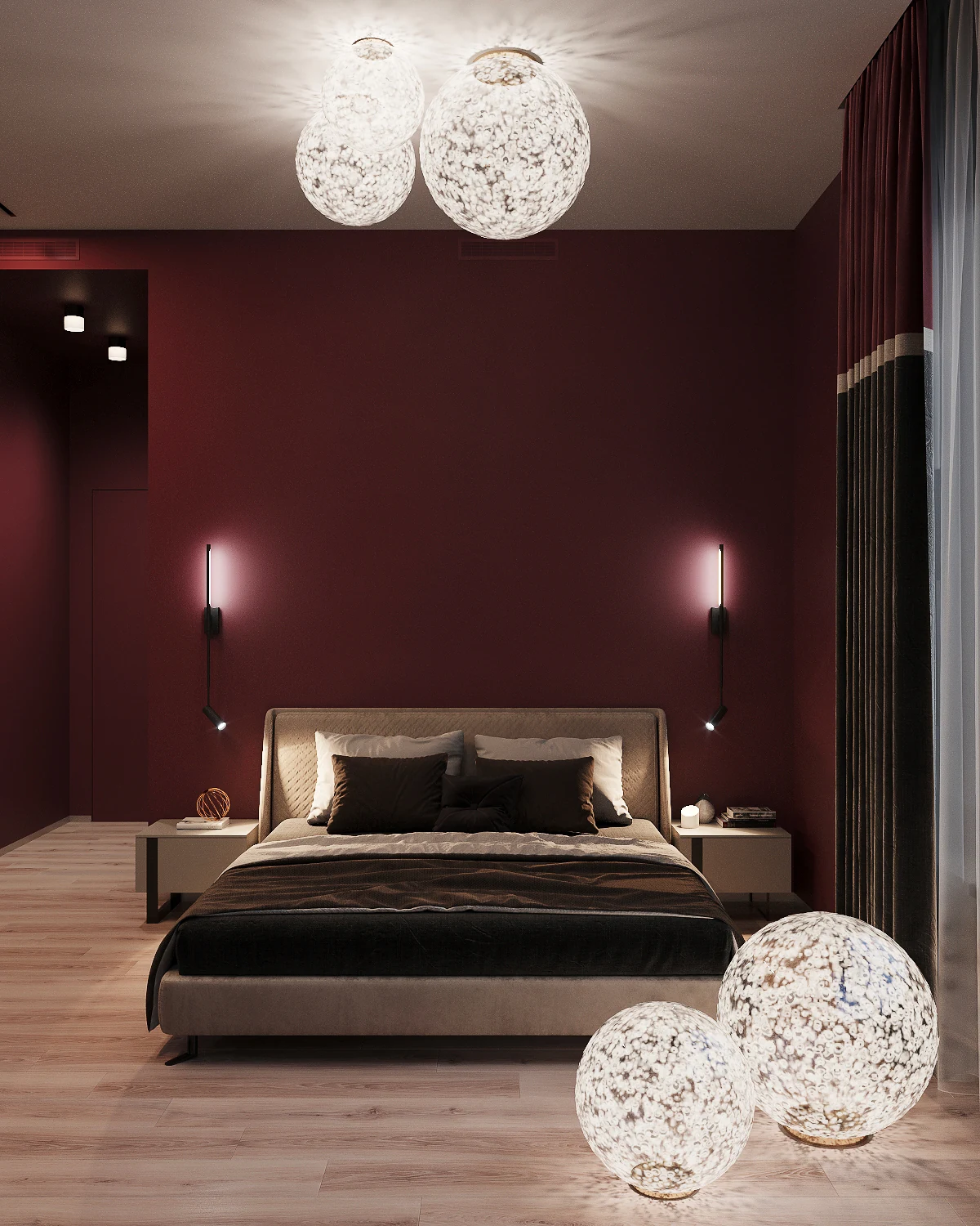 Life Botanical Garden apartment, master bedroom centered composition with plum wall, مجمع Life Botanical Garden، موسكو، روسيا