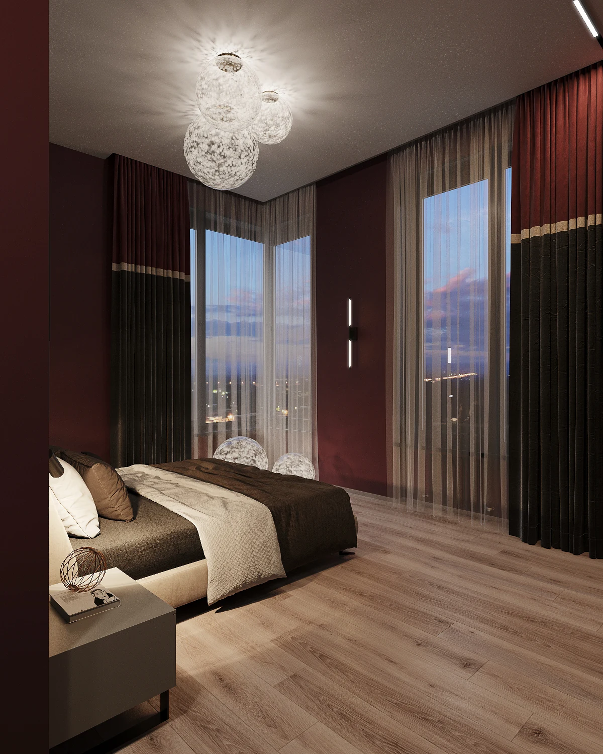 Life Botanical Garden apartment, master bedroom with balcony door and skyline view, مجمع Life Botanical Garden، موسكو، روسيا