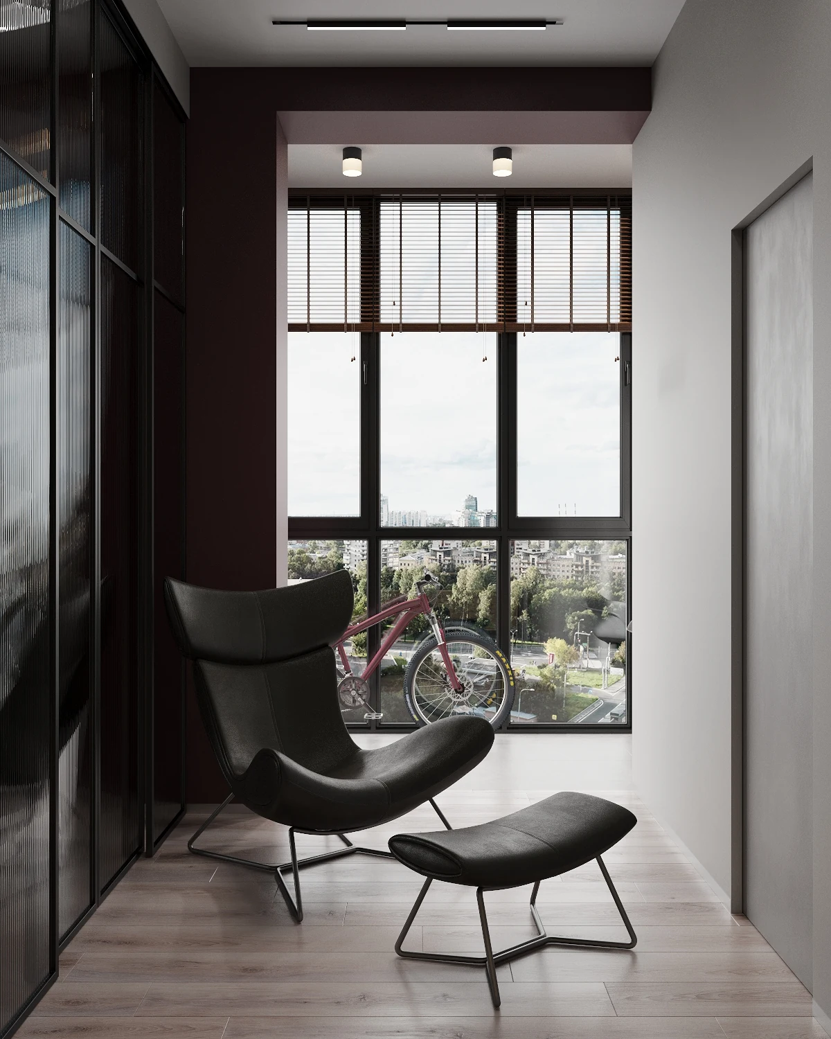 Life Botanical Garden apartment, master bedroom perspective toward balcony window, مجمع Life Botanical Garden، موسكو، روسيا