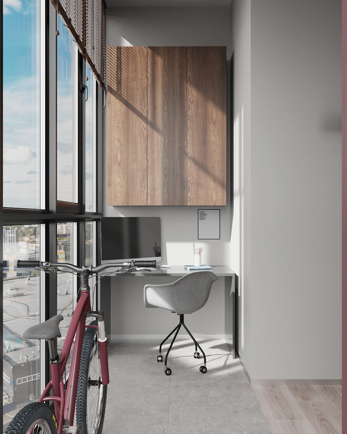 Life Botanical Garden apartment, compact workspace by panoramic window, مجمع Life Botanical Garden، موسكو، روسيا