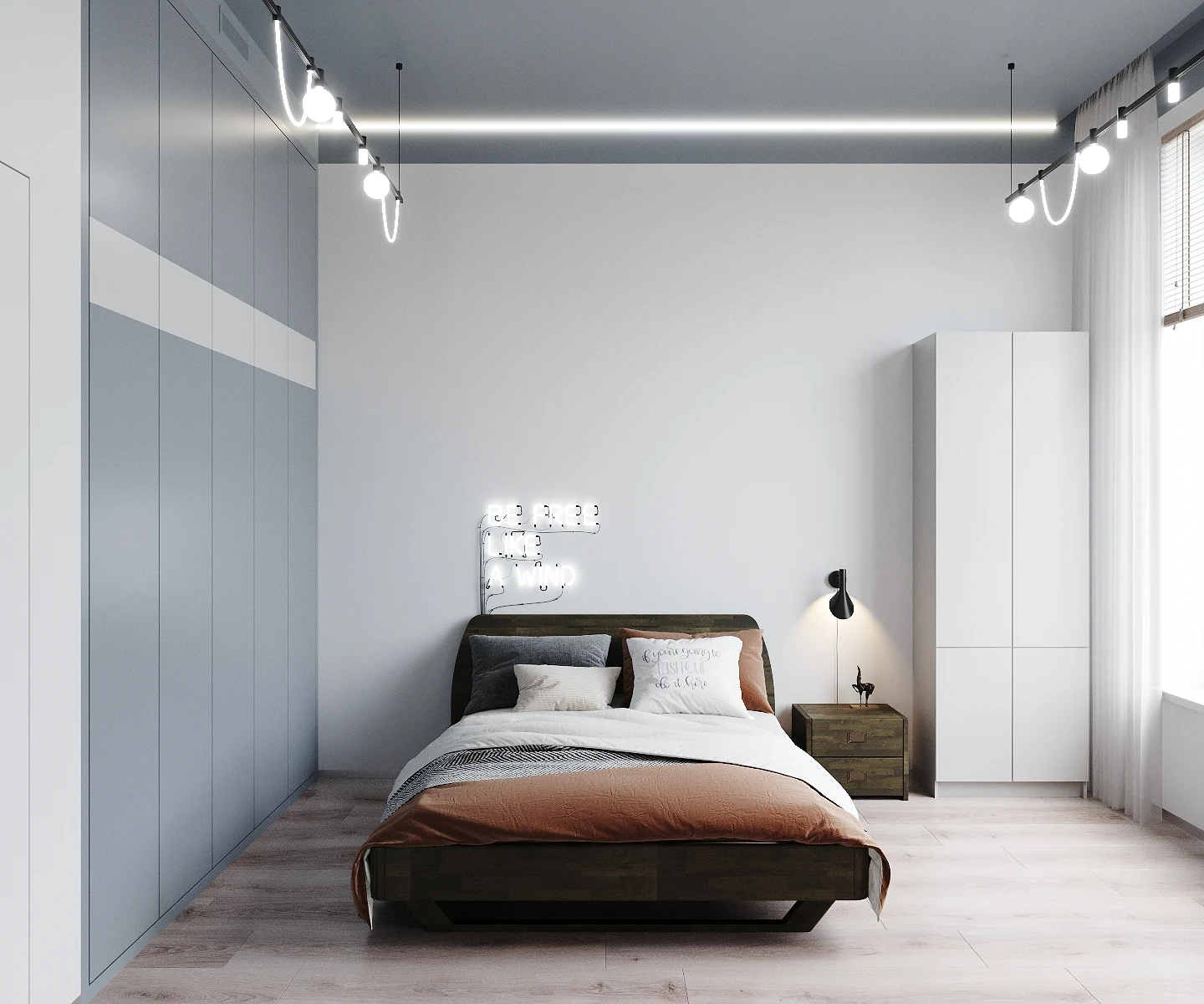 Life Botanical Garden apartment, children bedroom in blue palette with bed, مجمع Life Botanical Garden، موسكو، روسيا