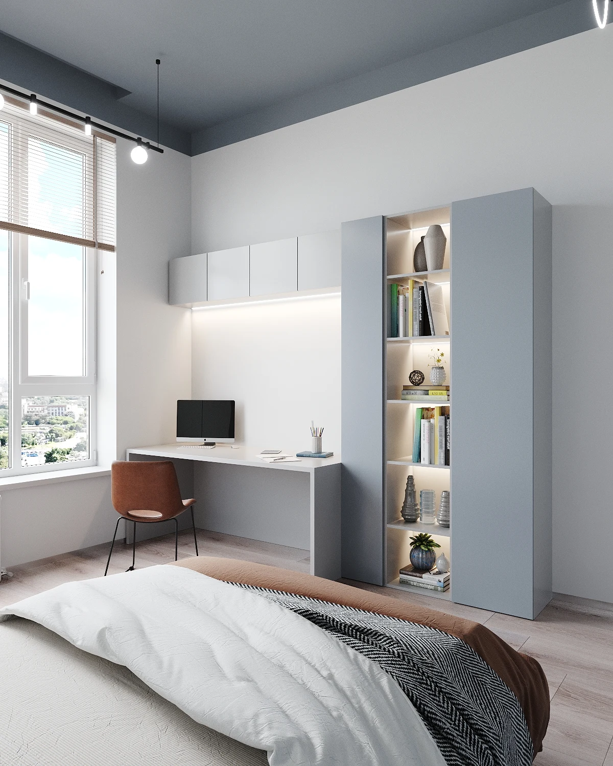 Life Botanical Garden apartment, children bedroom with desk and storage wall, مجمع Life Botanical Garden، موسكو، روسيا