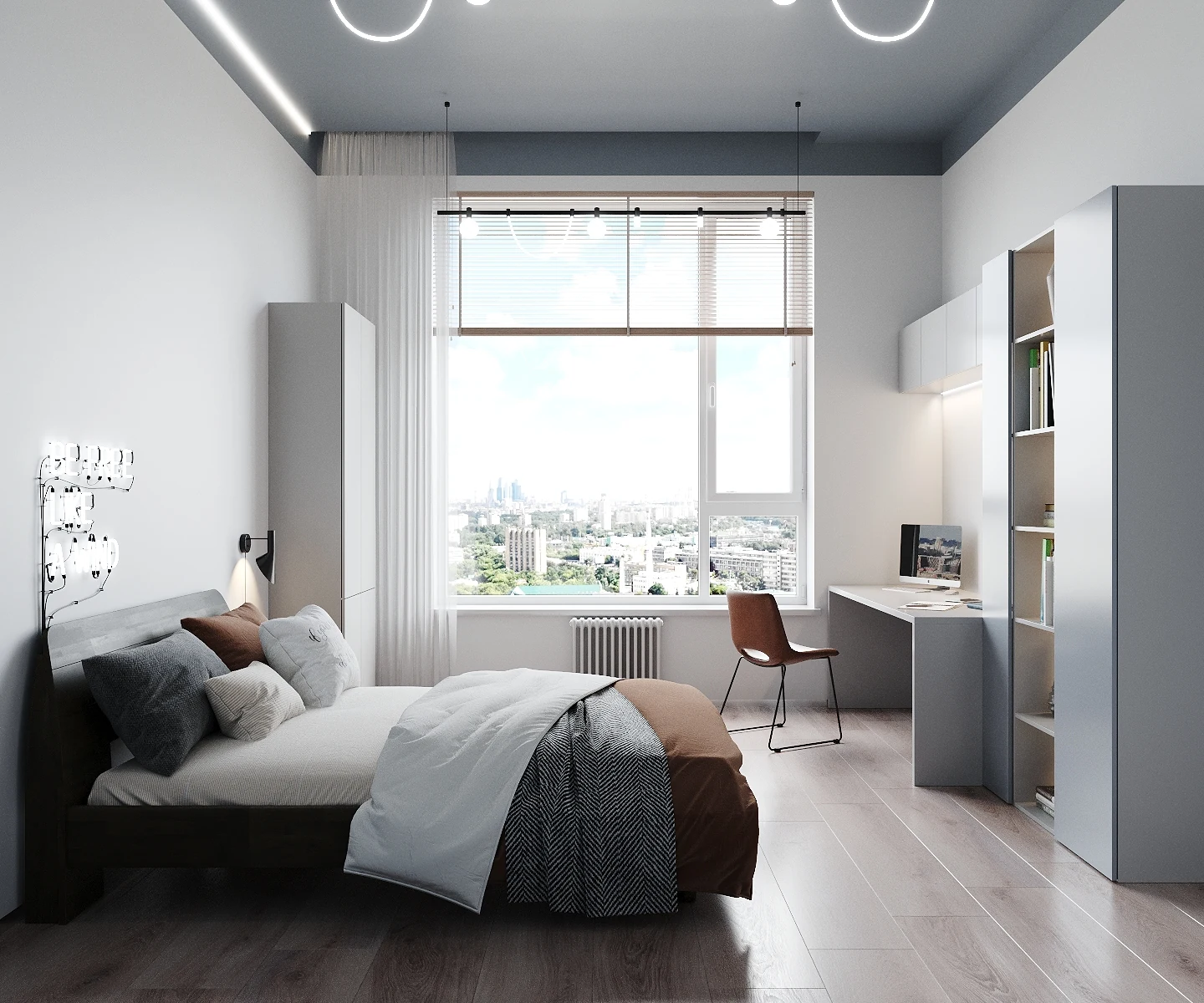 Life Botanical Garden apartment, children bedroom wide view with bed and workspace, مجمع Life Botanical Garden، موسكو، روسيا