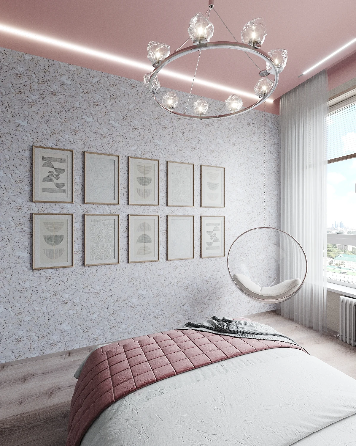 Life Botanical Garden apartment, second bedroom with pink wall art composition, مجمع Life Botanical Garden، موسكو، روسيا