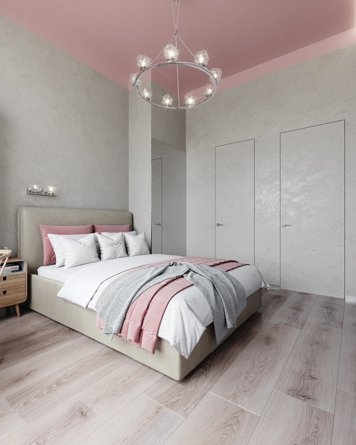 Life Botanical Garden apartment, second bedroom with pink bedding and wardrobe, مجمع Life Botanical Garden، موسكو، روسيا