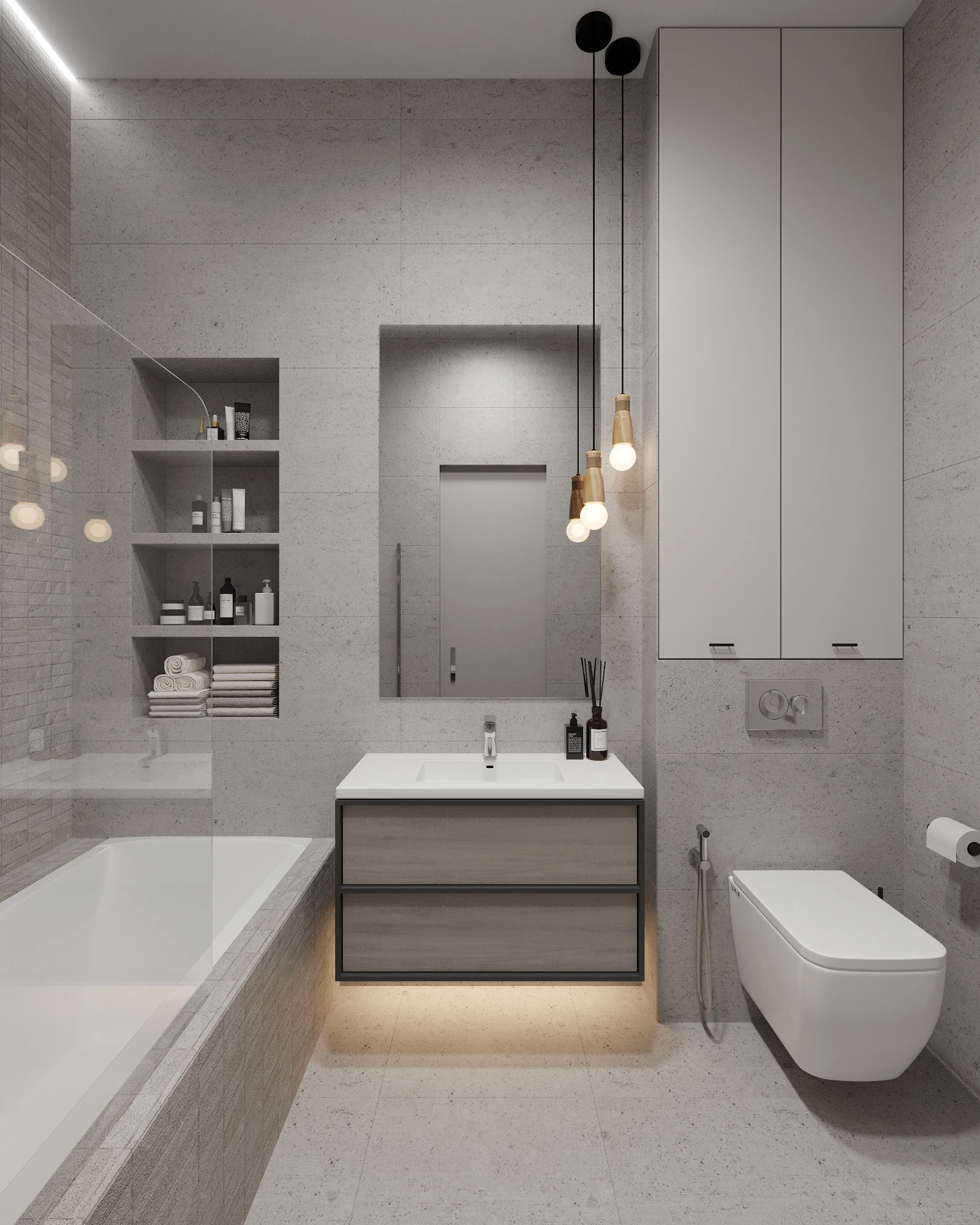 Life Botanical Garden apartment, light bathroom with vanity, shelf and pendant lights, مجمع Life Botanical Garden، موسكو، روسيا