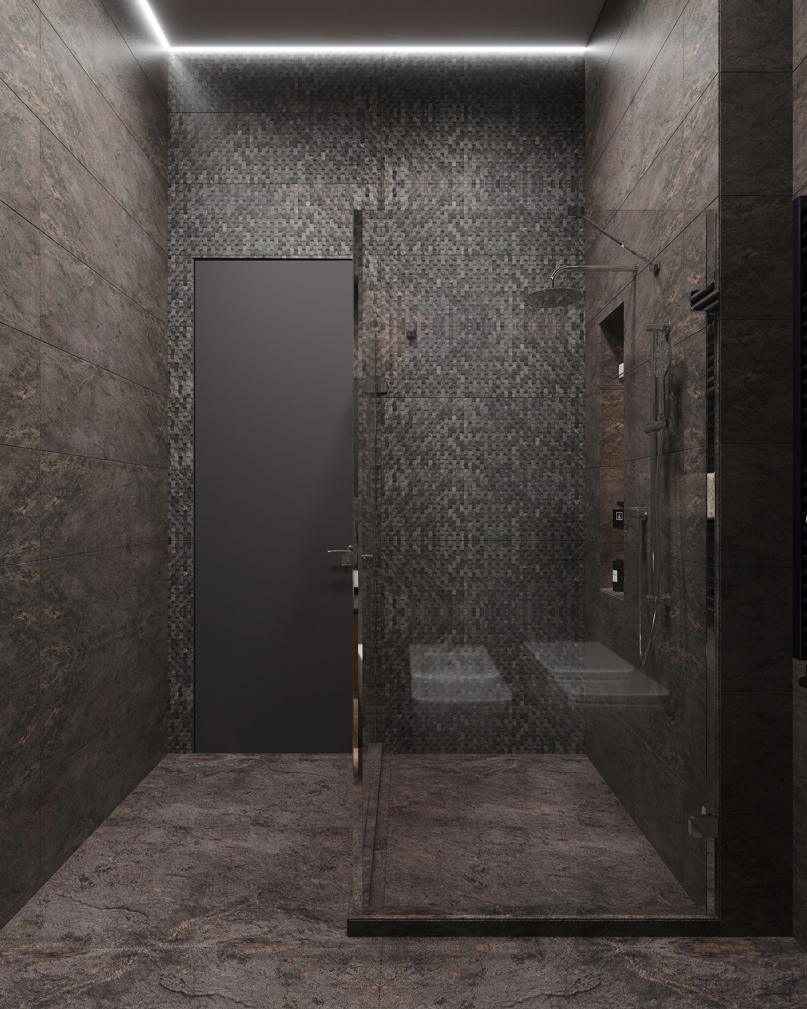 Life Botanical Garden apartment, dark bathroom in stone textures with sanitary zone, مجمع Life Botanical Garden، موسكو، روسيا