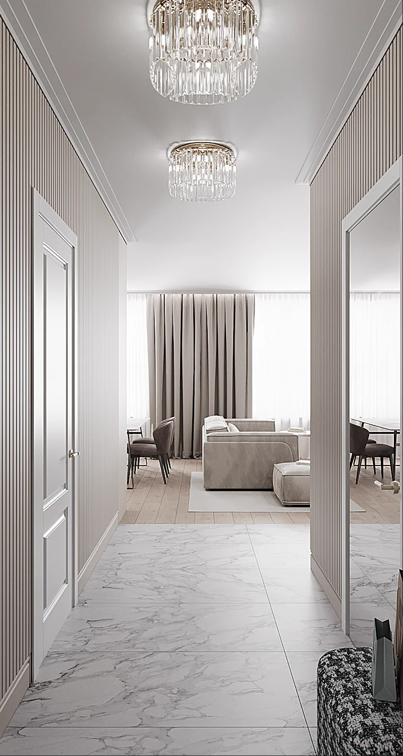 Life Varshavskaya apartment, entry corridor with view toward the living room, مجمع Life Varshavskaya، موسكو، روسيا