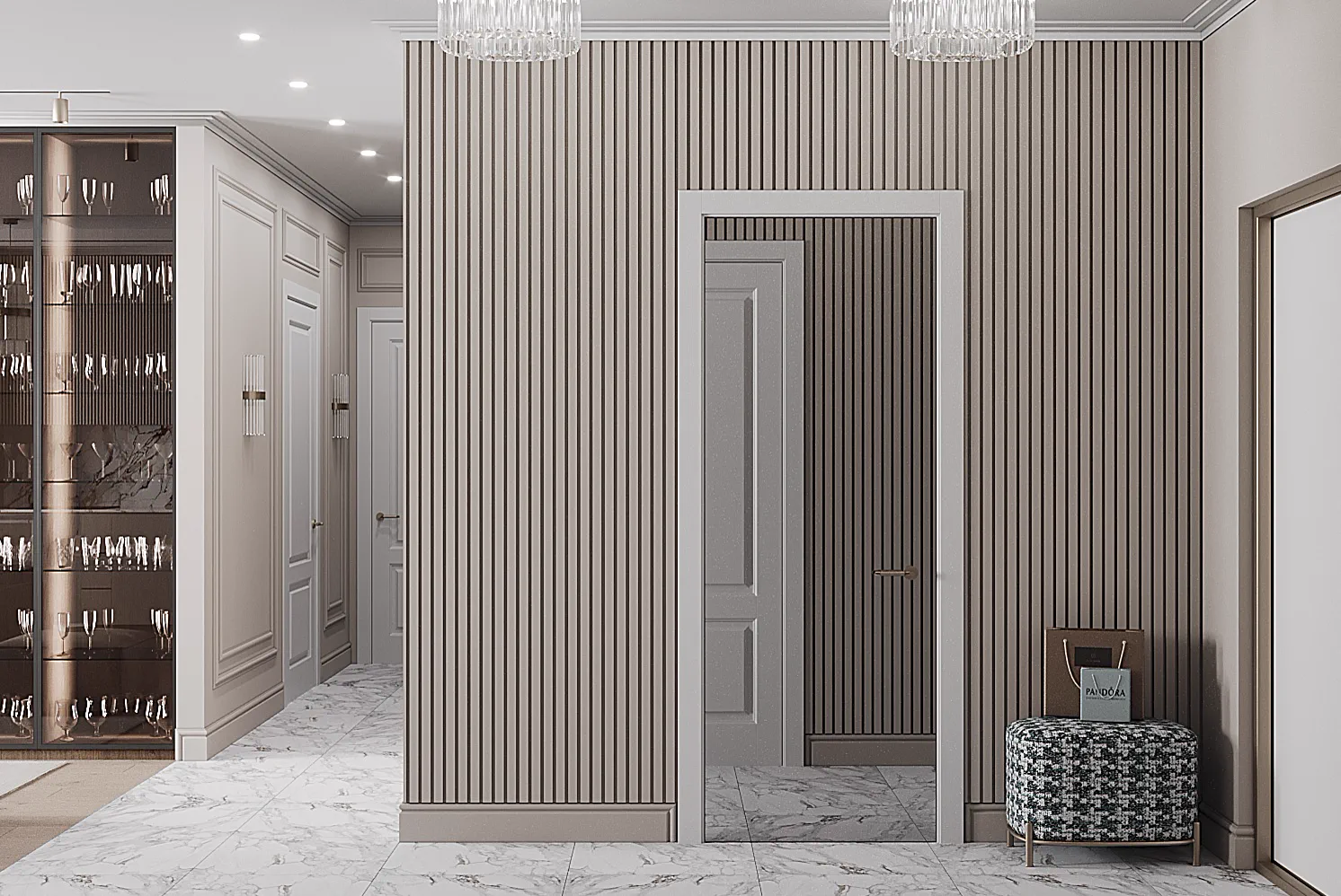 Life Varshavskaya apartment, transition zone with striped wall and doorway rhythm, مجمع Life Varshavskaya، موسكو، روسيا