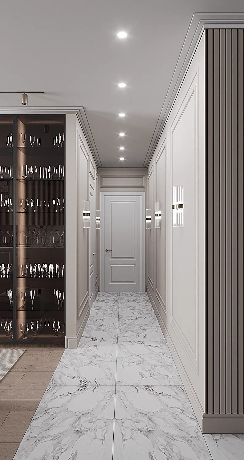 Life Varshavskaya apartment, glass display cabinet and corridor composition, مجمع Life Varshavskaya، موسكو، روسيا