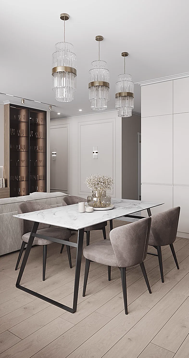 Life Varshavskaya apartment, dining table with marble top in open-plan living zone, مجمع Life Varshavskaya، موسكو، روسيا