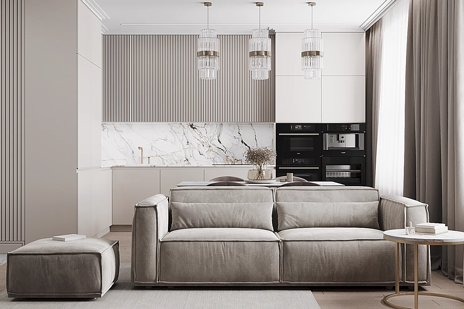 Life Varshavskaya apartment, open-plan kitchen-living composition with sofa, مجمع Life Varshavskaya، موسكو، روسيا