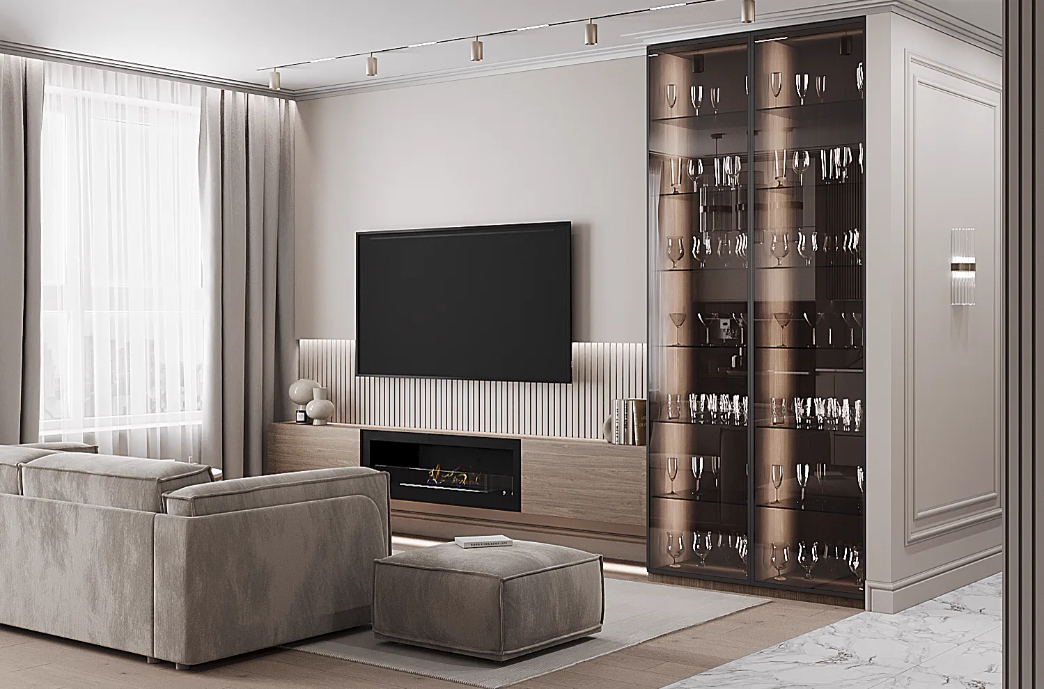 Life Varshavskaya apartment, living room TV wall with display cabinetry, مجمع Life Varshavskaya، موسكو، روسيا
