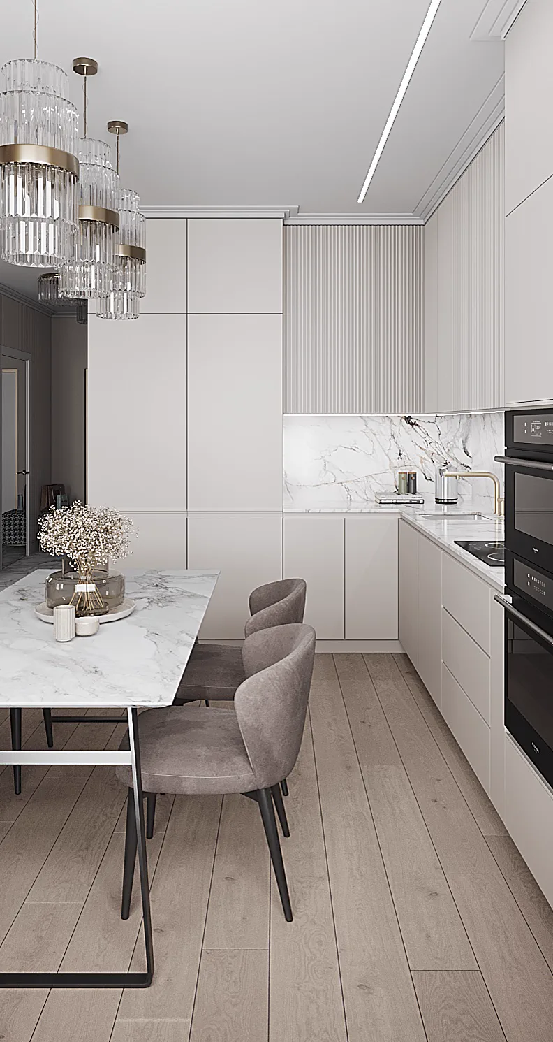 Life Varshavskaya apartment, dining and kitchen transition with marble table, مجمع Life Varshavskaya، موسكو، روسيا