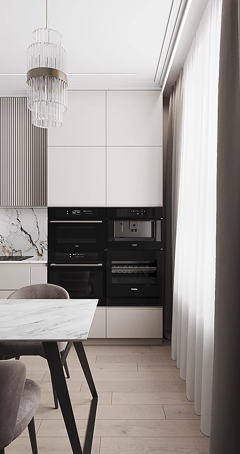 Life Varshavskaya apartment, kitchen with marble backsplash and built-in ovens, مجمع Life Varshavskaya، موسكو، روسيا