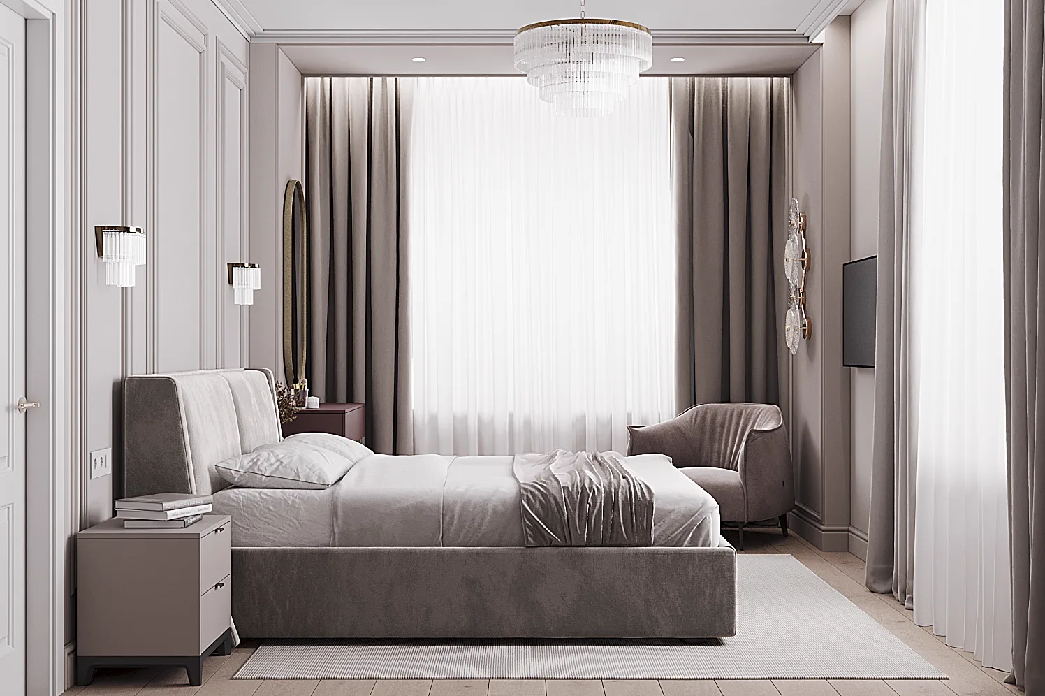 Life Varshavskaya apartment, master bedroom wide view with seating by window, مجمع Life Varshavskaya، موسكو، روسيا