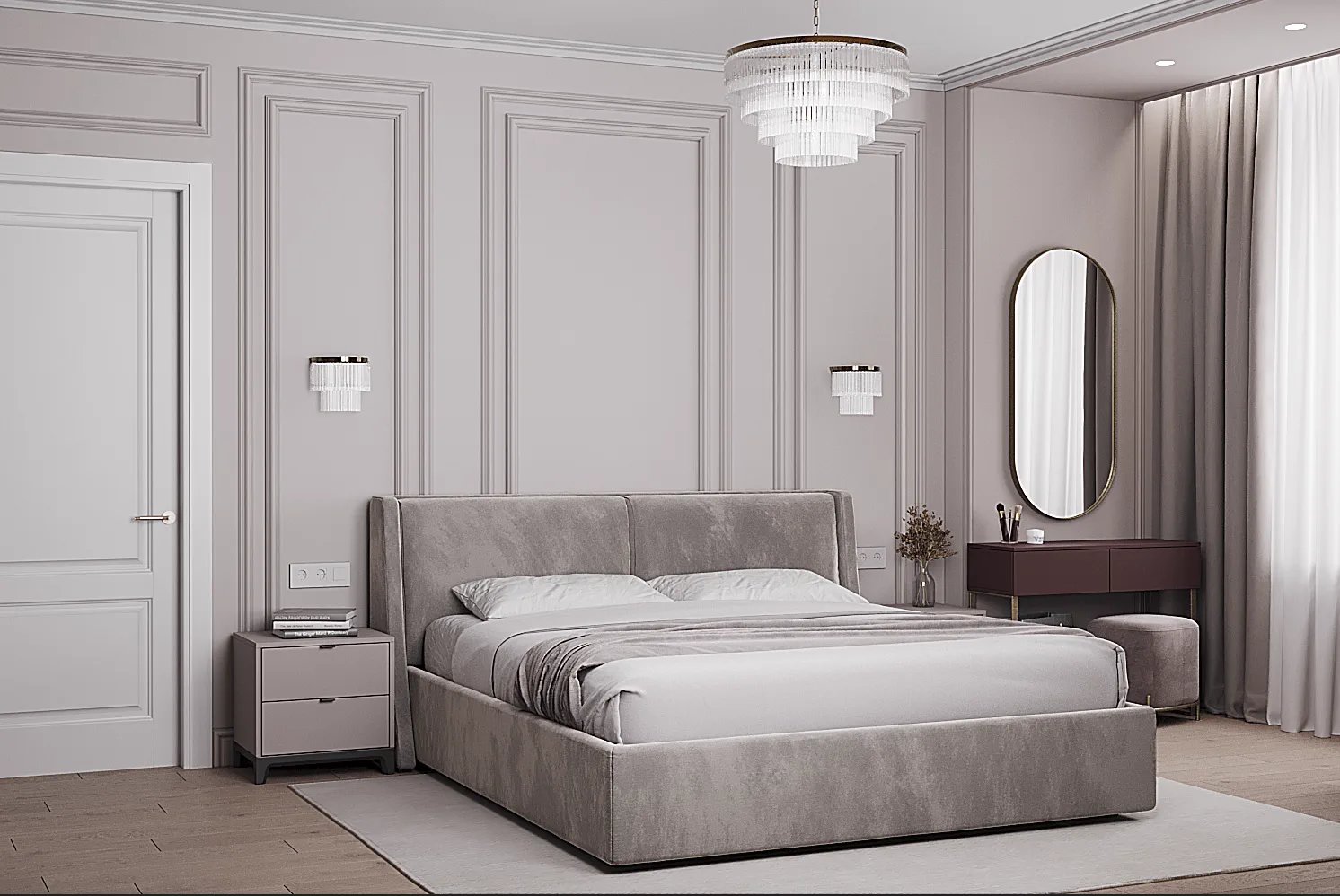 Life Varshavskaya apartment, master bedroom frontal view with paneled walls, مجمع Life Varshavskaya، موسكو، روسيا