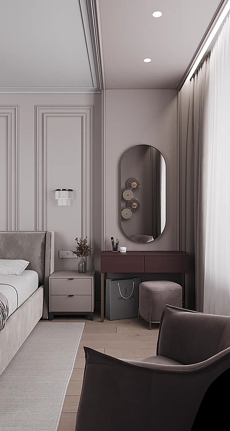 Life Varshavskaya apartment, bedroom vanity niche with arched mirror and decor, مجمع Life Varshavskaya، موسكو، روسيا
